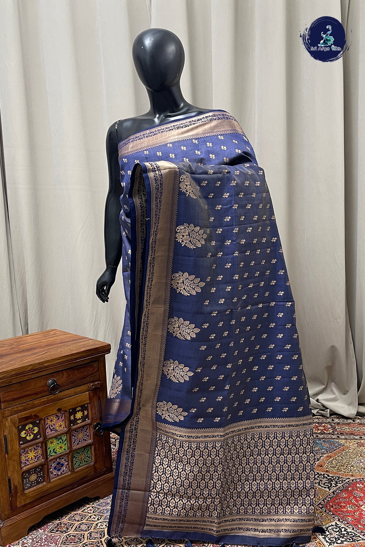 Dark Blue Semi Tussar Saree With Zari Buttas Pattern
