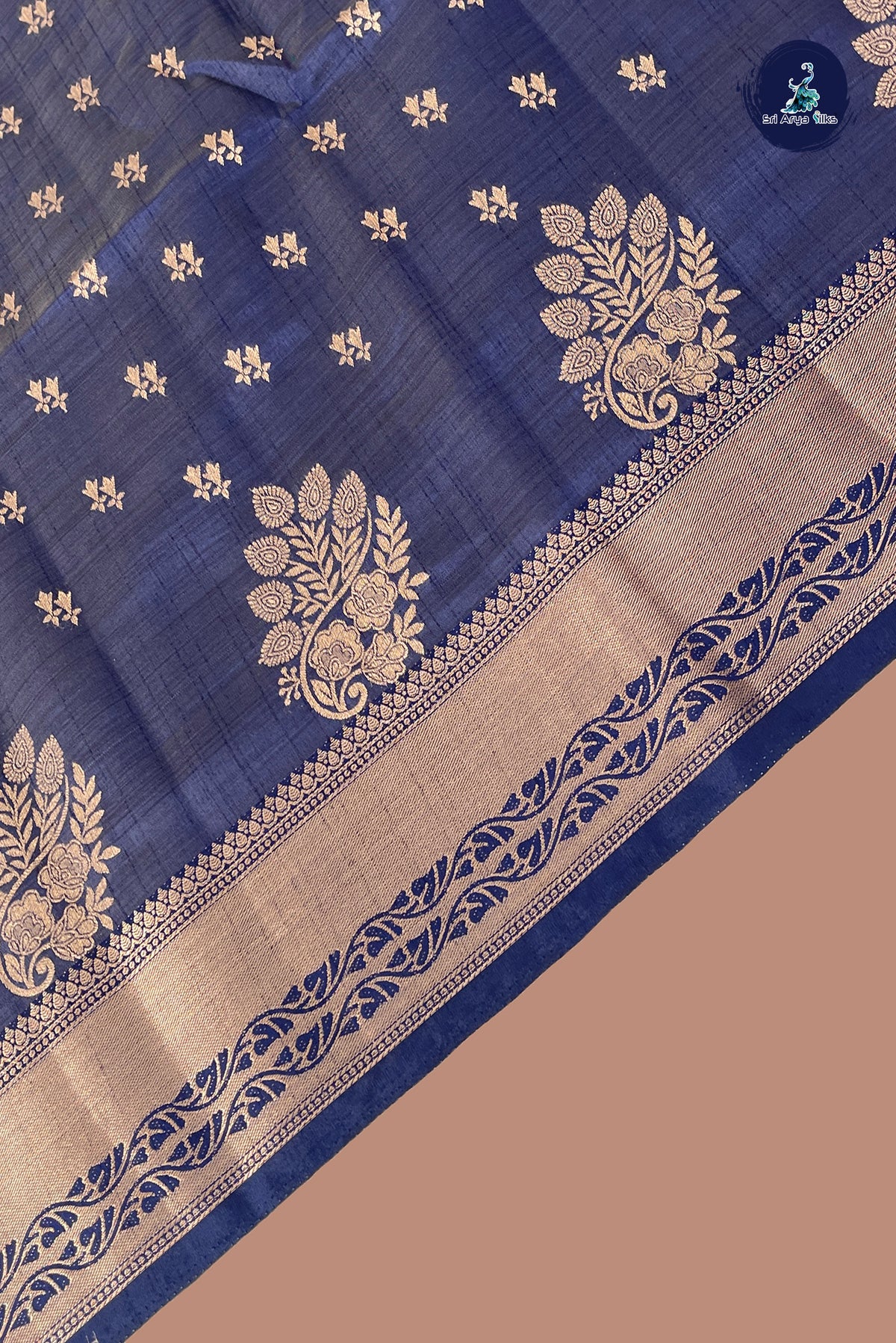 Dark Blue Semi Tussar Saree With Zari Buttas Pattern