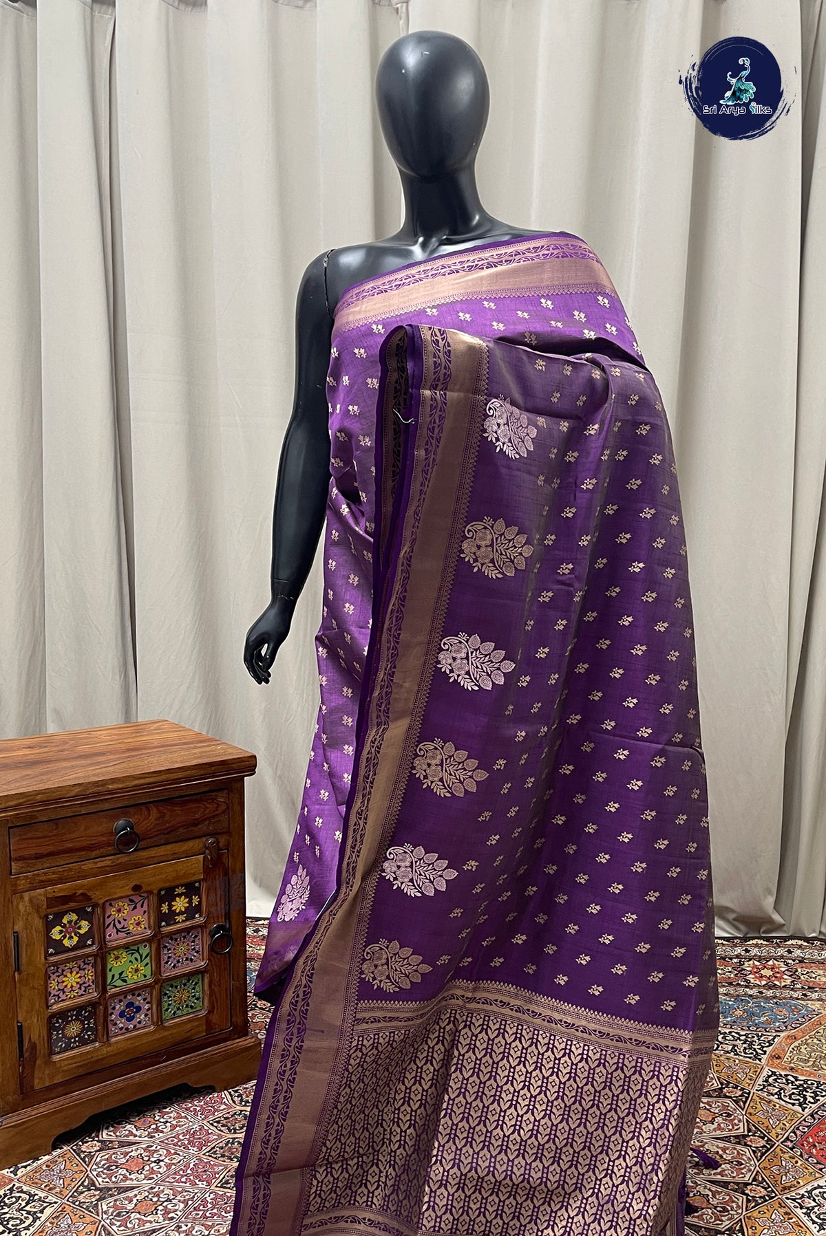 Violet Semi Tussar Saree With Zari Buttas Pattern