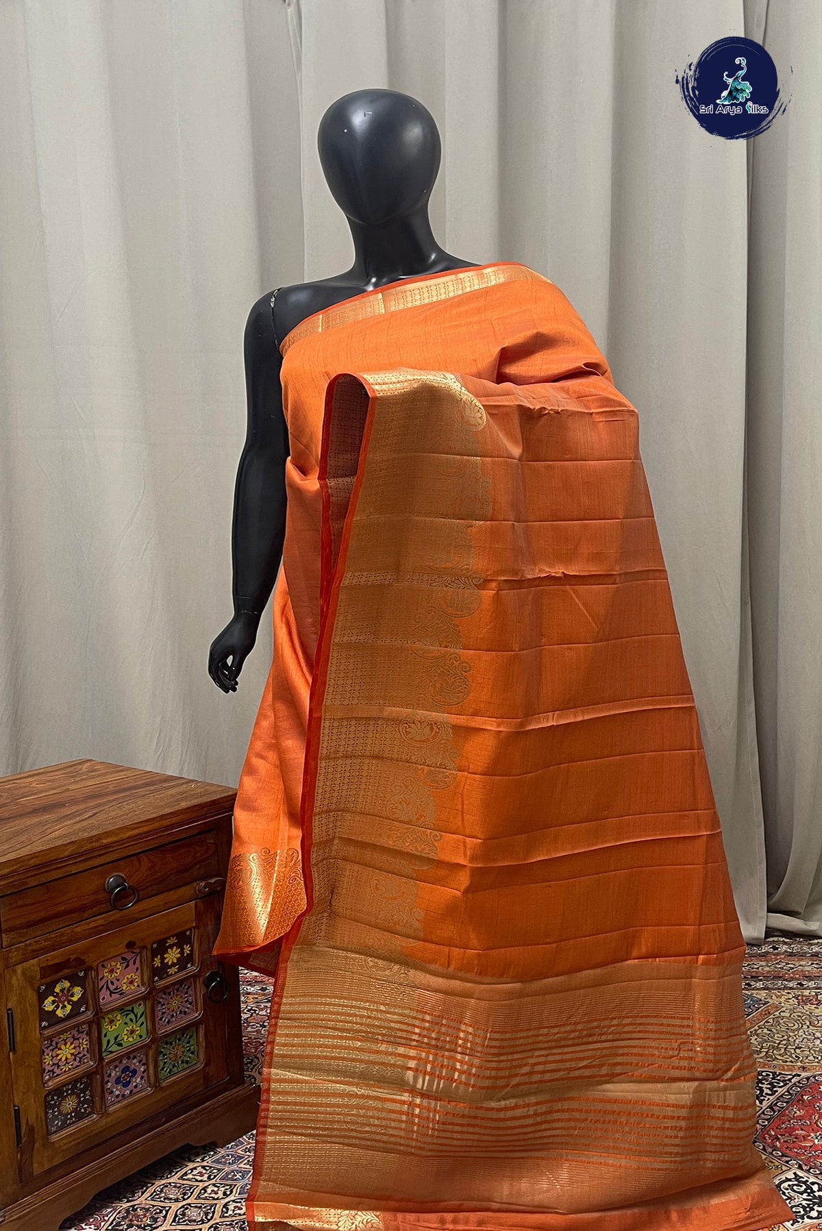Orange Semi Tussar Saree With Plain Pattern