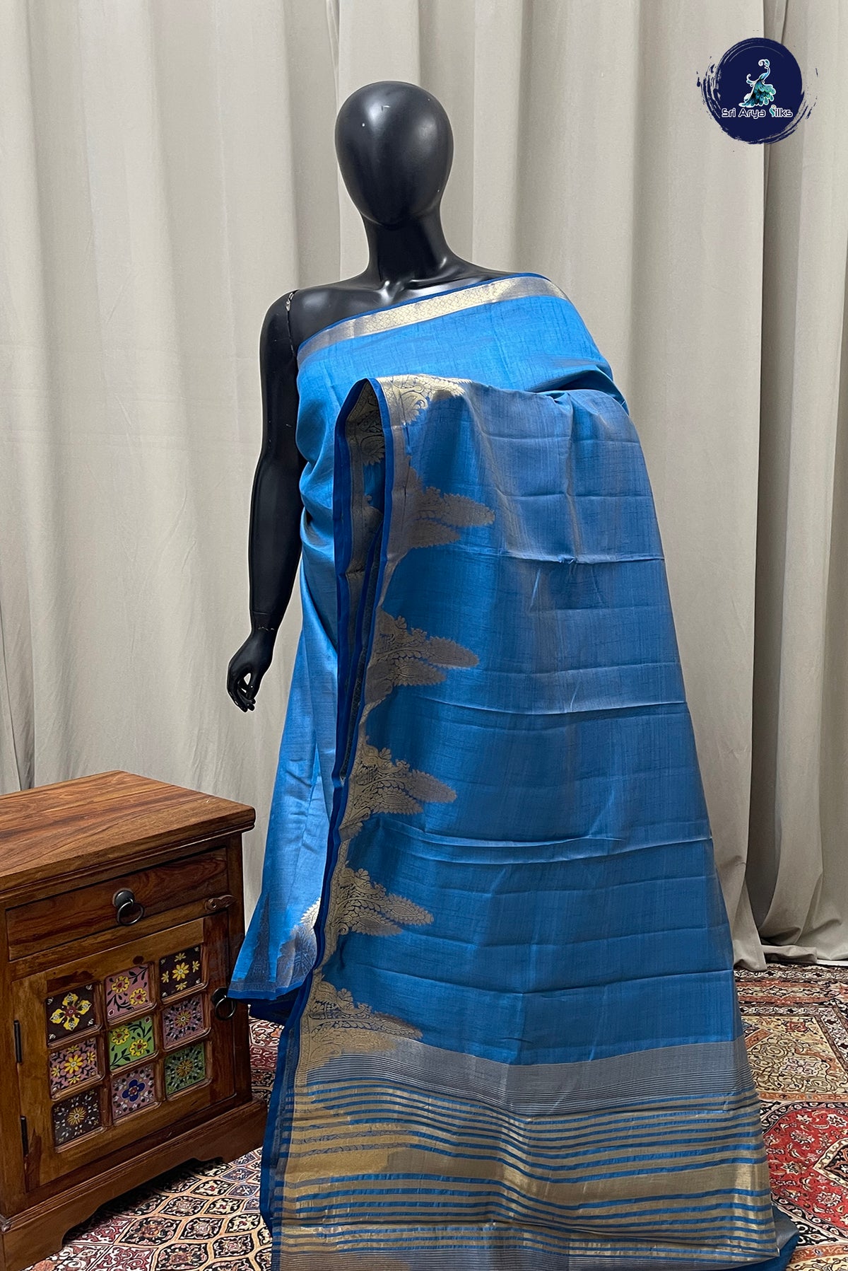 Blue Semi Tussar Saree With Plain Pattern