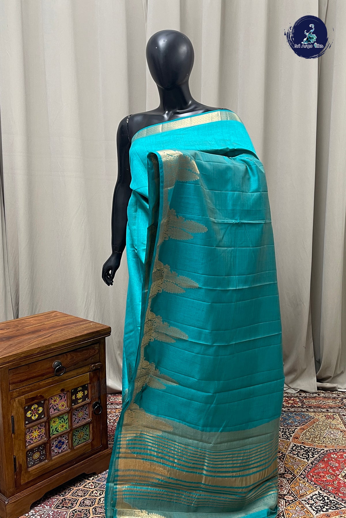 Teal Semi Tussar Saree With Plain Pattern