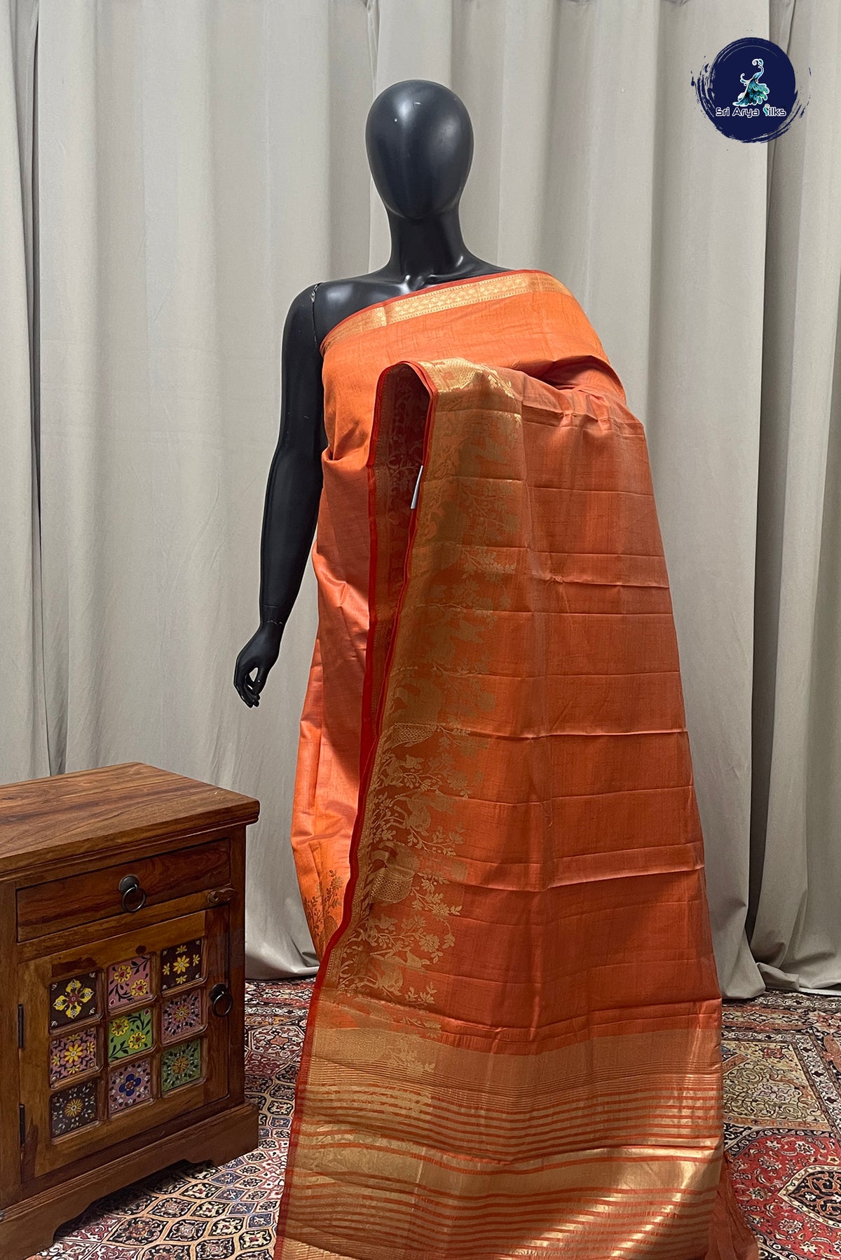 Orange Semi Tussar Saree With Plain Pattern