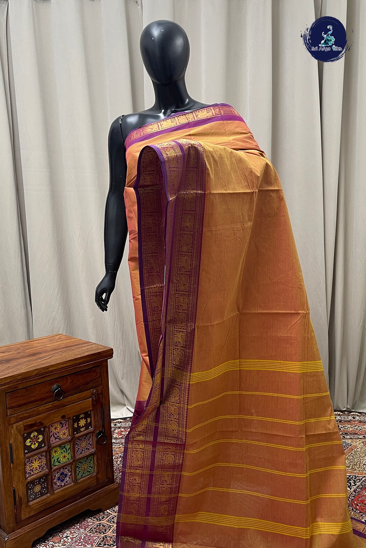 Lite Mustard Orange Kanchi Cotton Saree With Plain Pattern