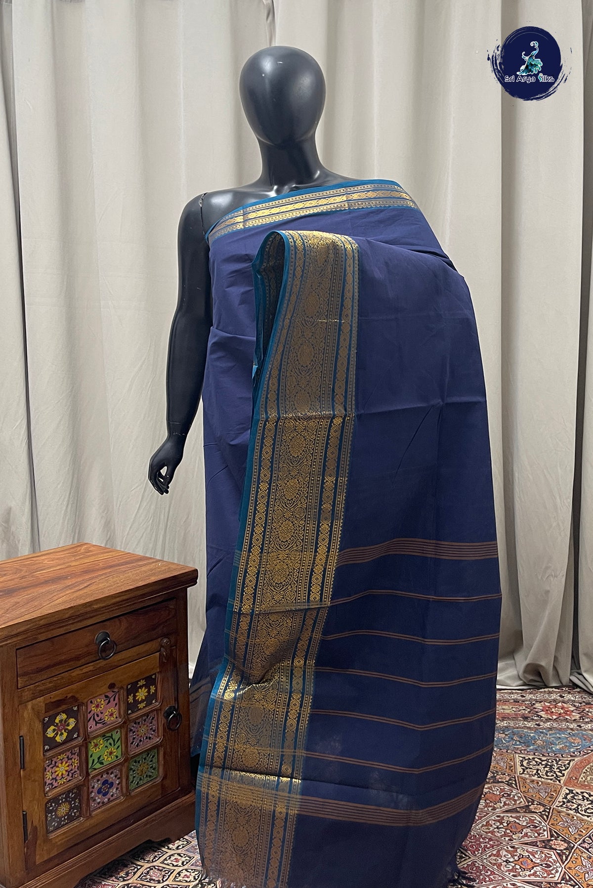 Navy Blue Kanchi Cotton Saree With Plain Pattern