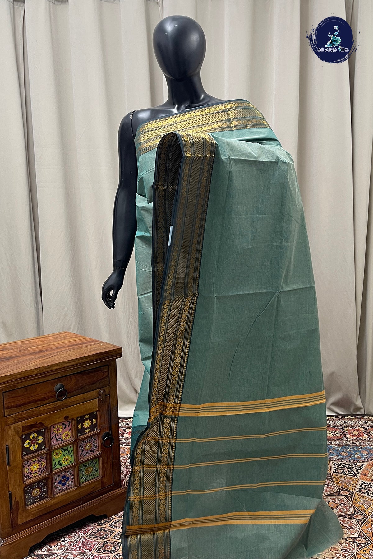 Bluish Green Kanchi Cotton Saree With Plain Pattern