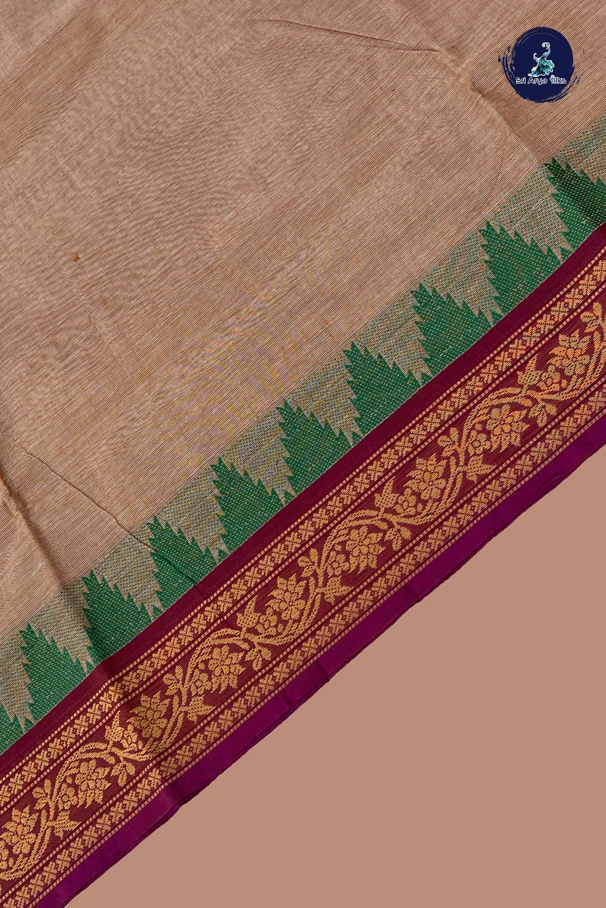 Light Brown Chettinad Cotton Saree With Plain Pattern
