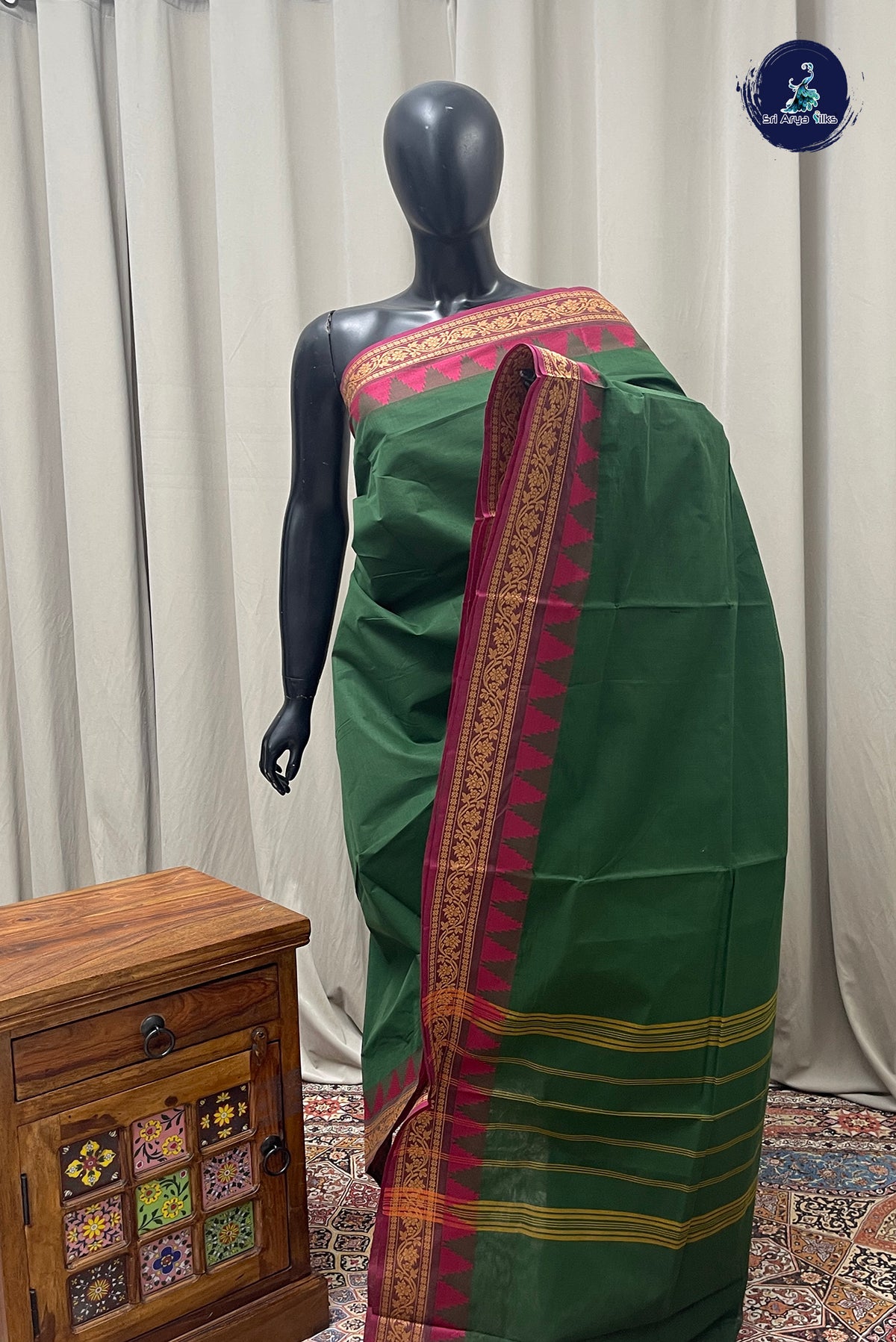 Green Chettinad Cotton Saree With Plain Pattern