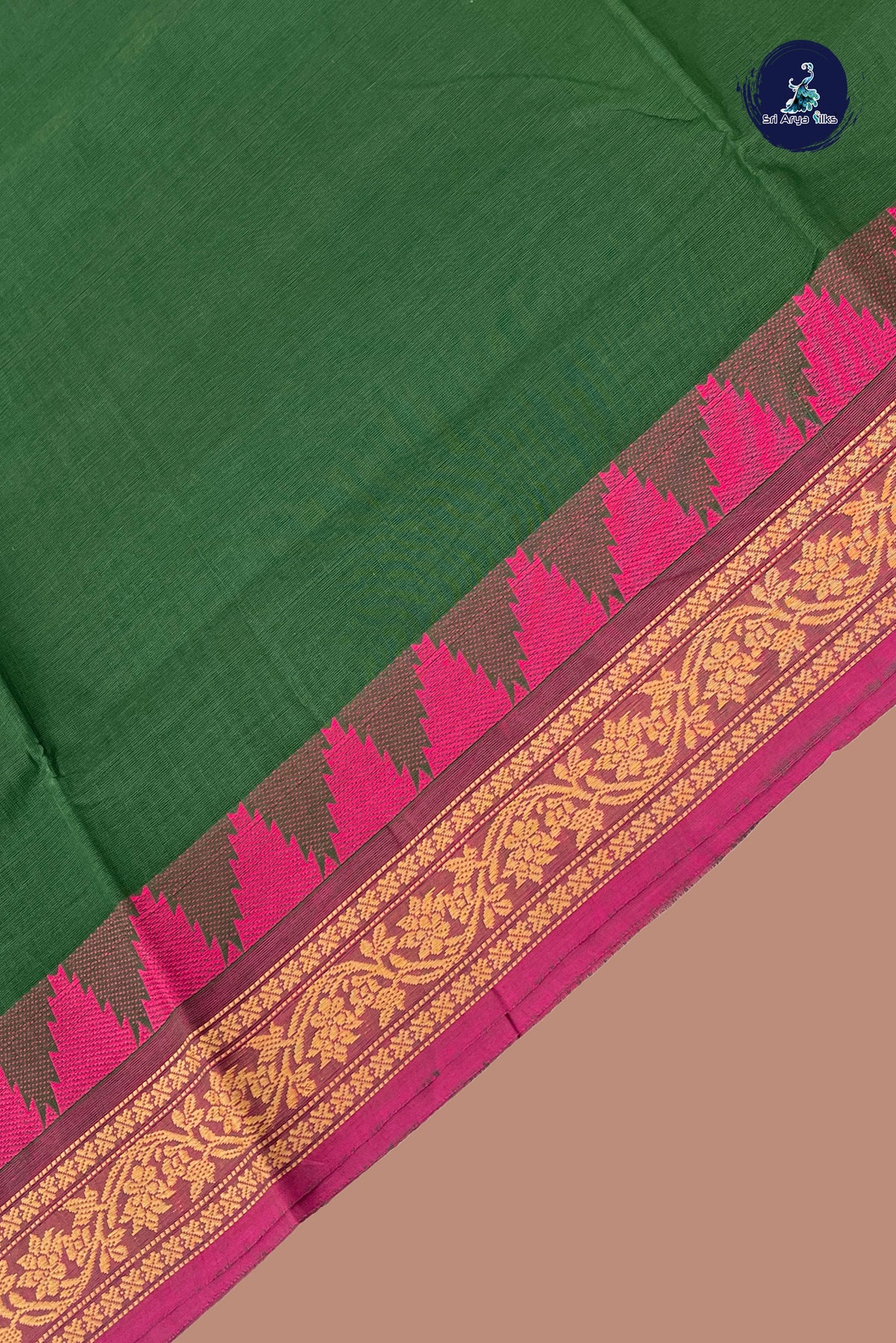 Green Chettinad Cotton Saree With Plain Pattern