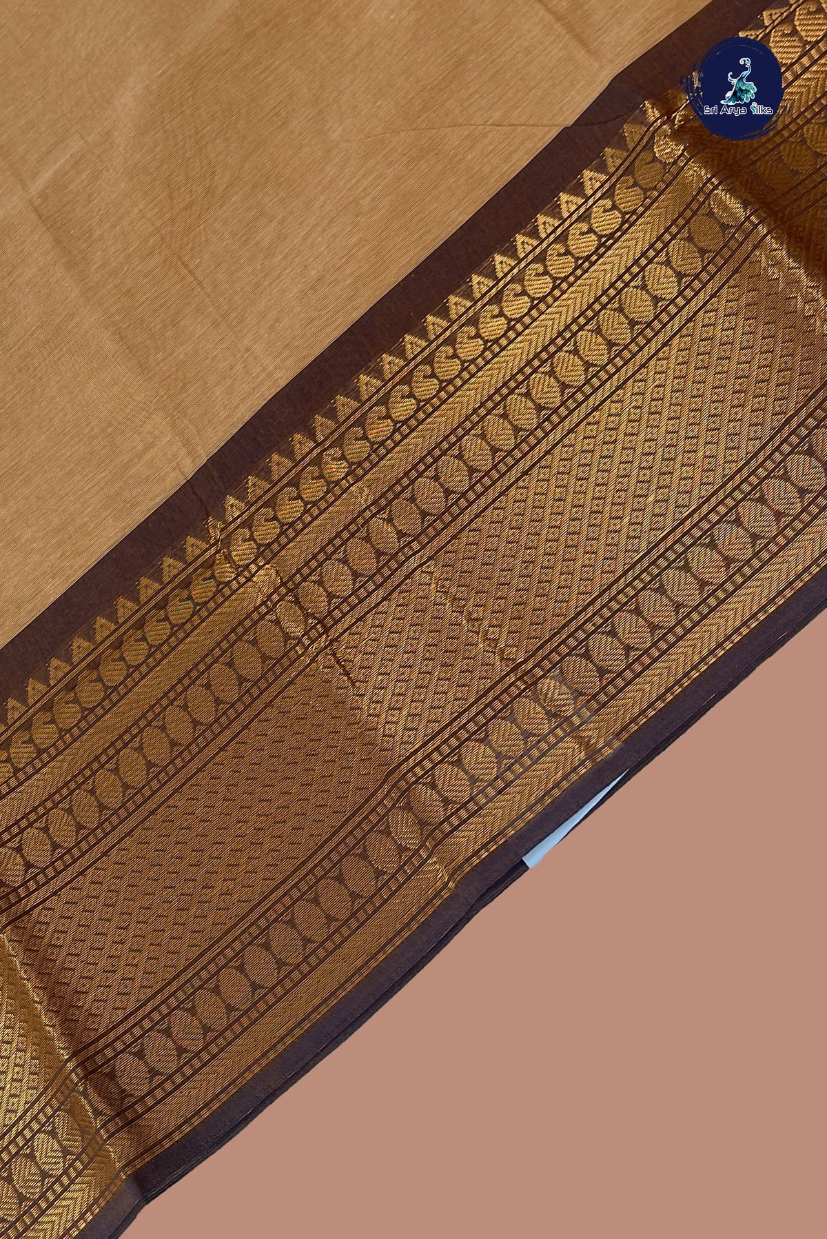 Beige Kanchi Cotton Saree With Plain Pattern