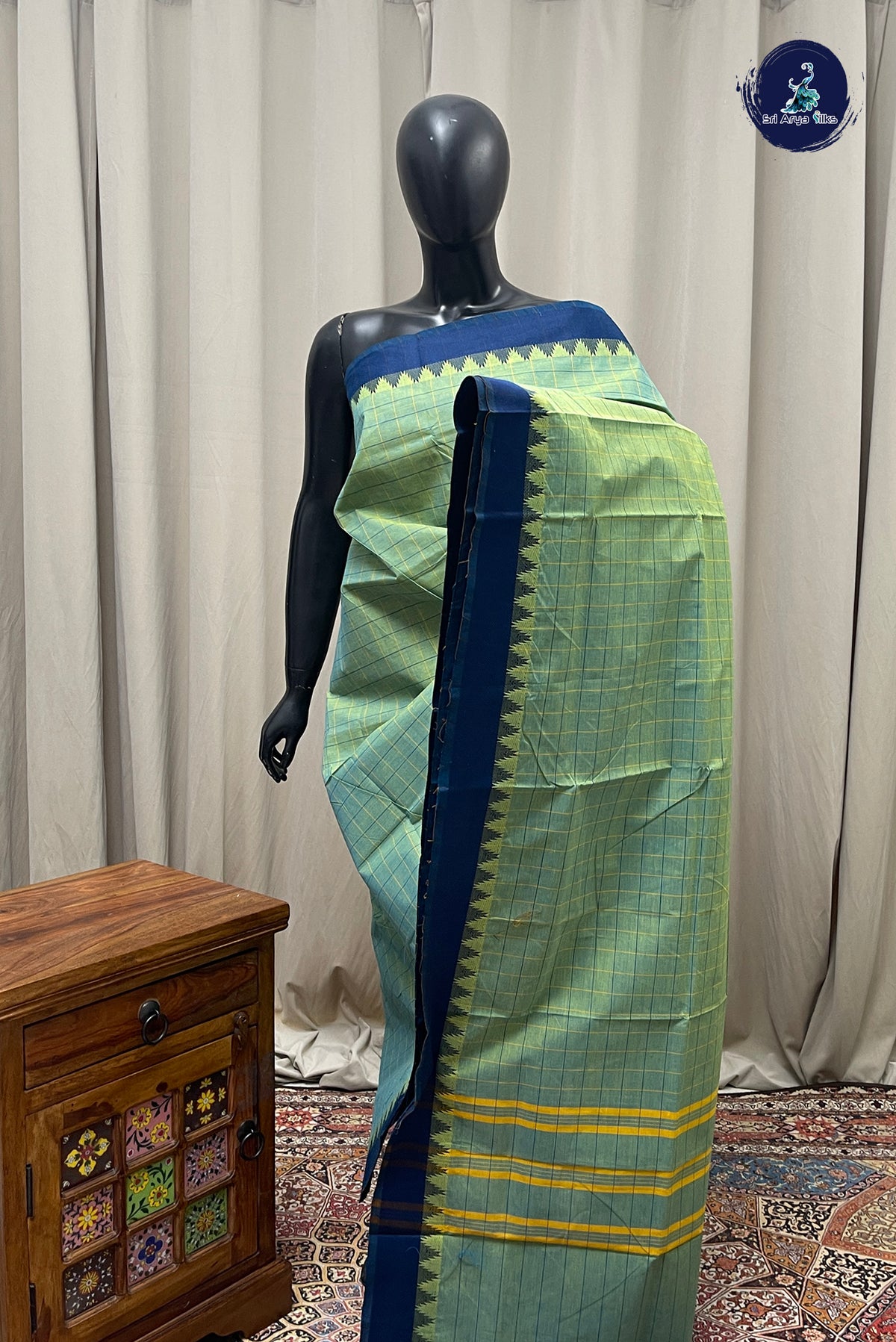 Light Green Chettinad Cotton Saree With Checked Pattern
