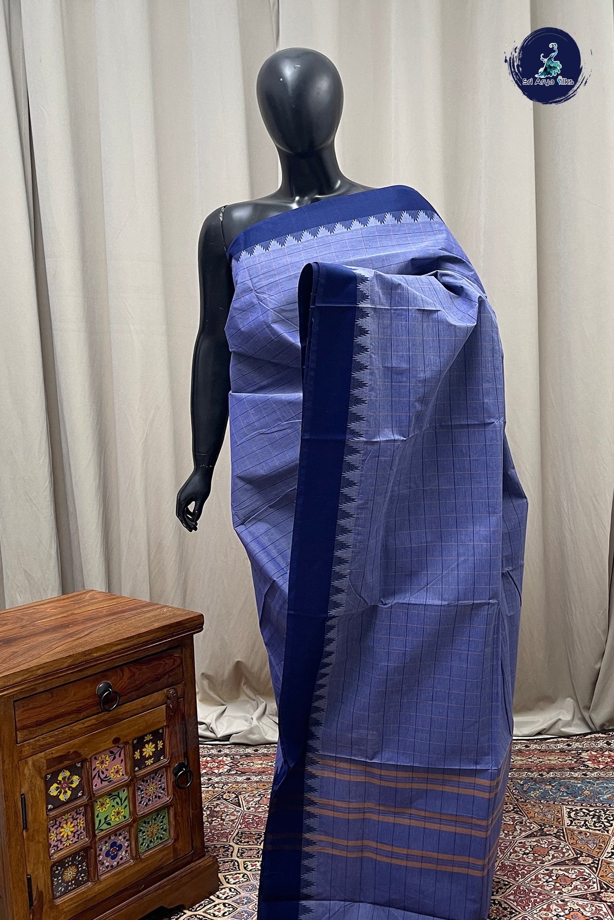 Bluish Grey Chettinad Cotton Saree With Checked Pattern