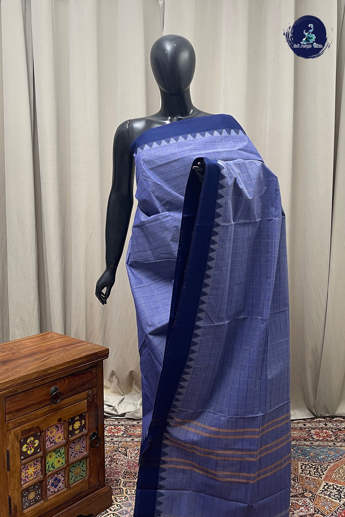 Bluish Grey Chettinad Cotton Saree With Checked Pattern