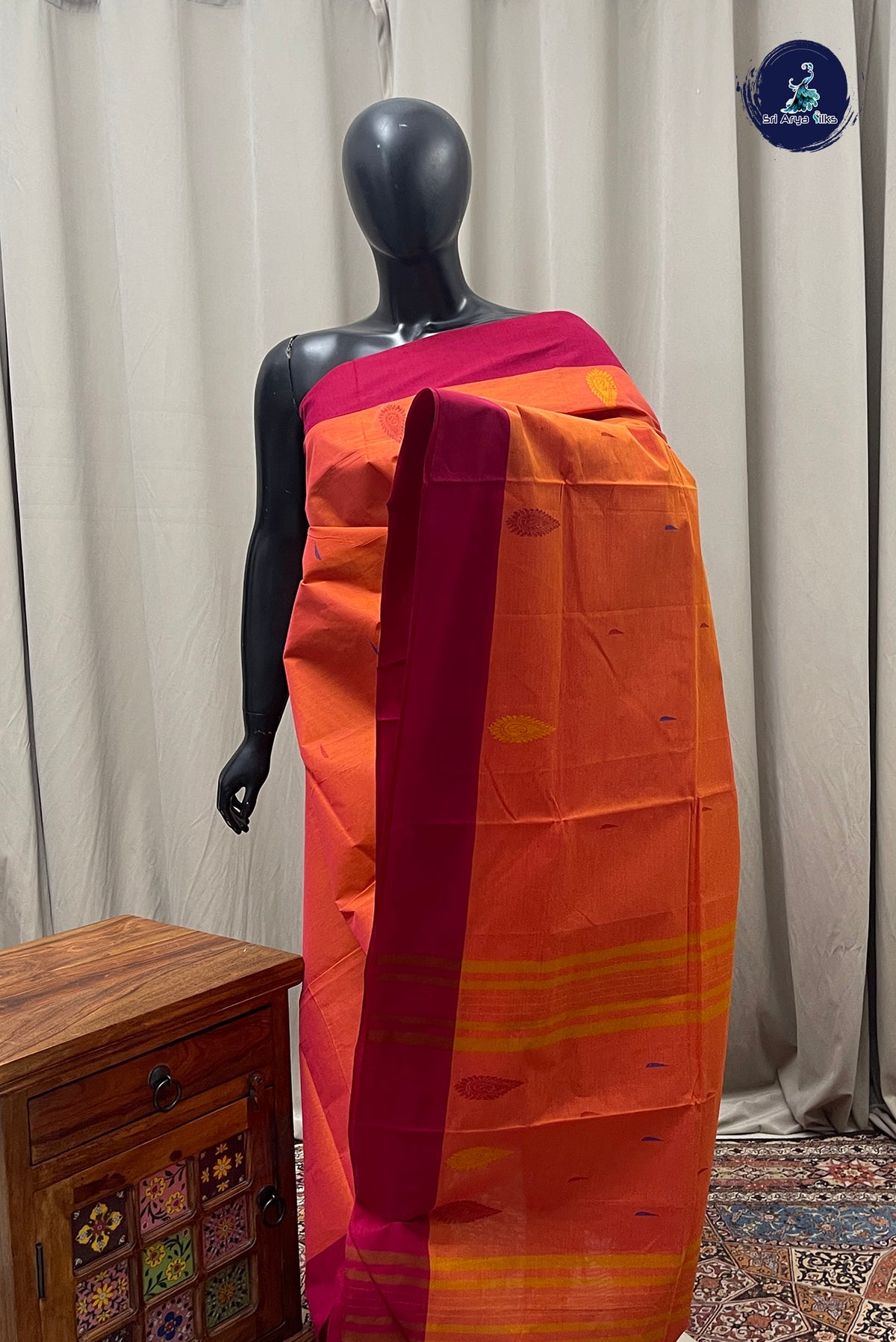 Orange Kanchi Cotton Saree With Buttas Pattern