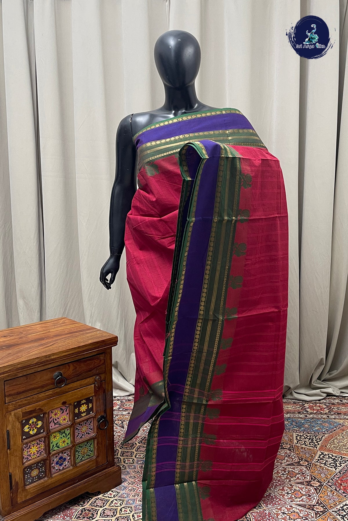Maroon Chettinad Cotton Saree With Stripes Pattern
