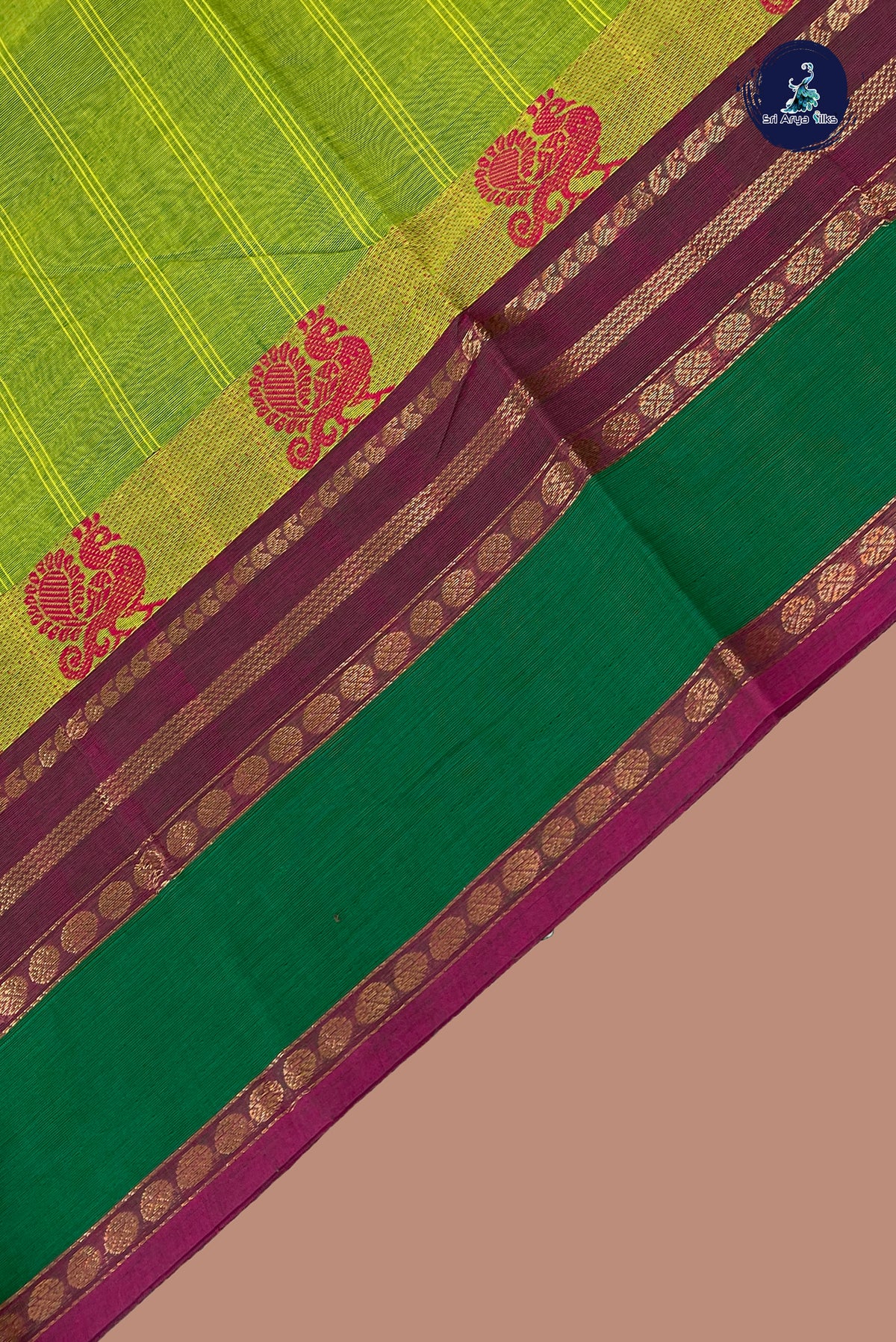Light Green Chettinad Cotton Saree With Stripes Pattern