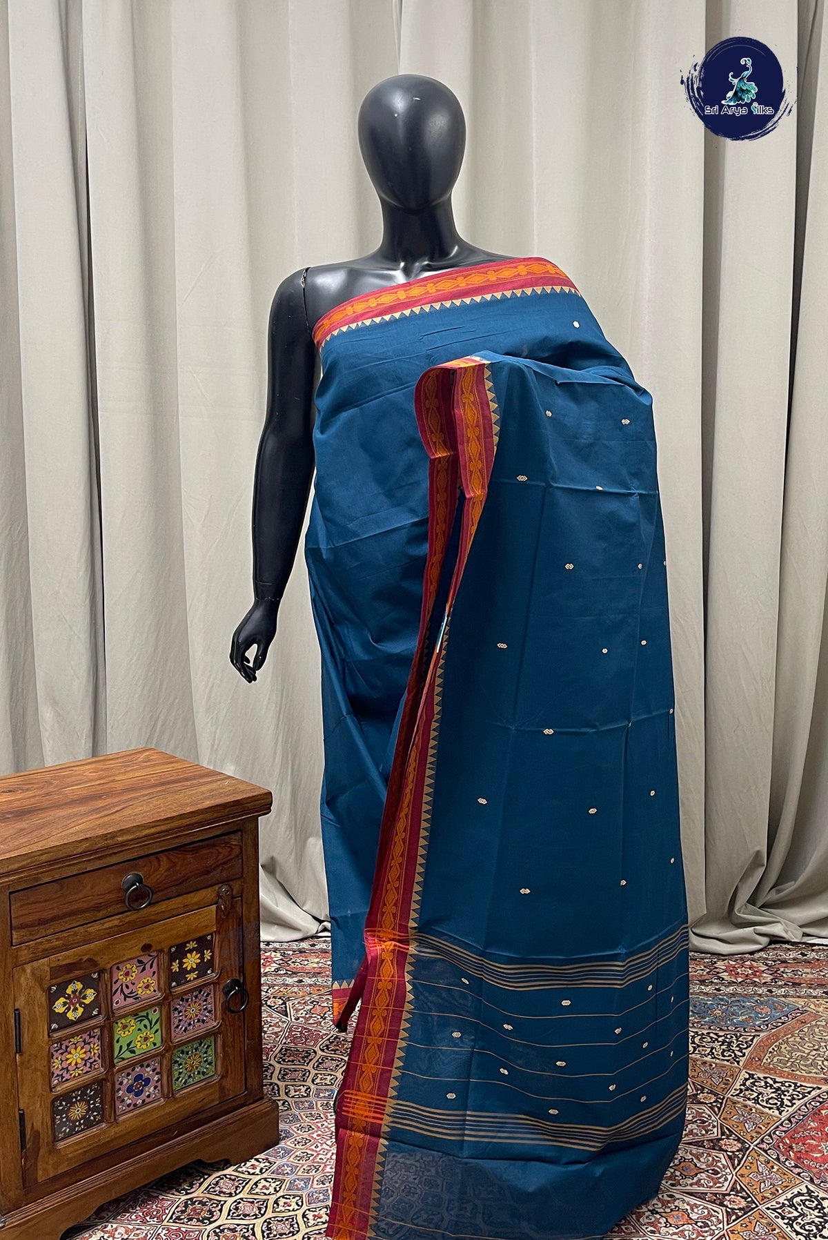 Peacock Blue Chettinad Cotton Saree With Buttas Pattern