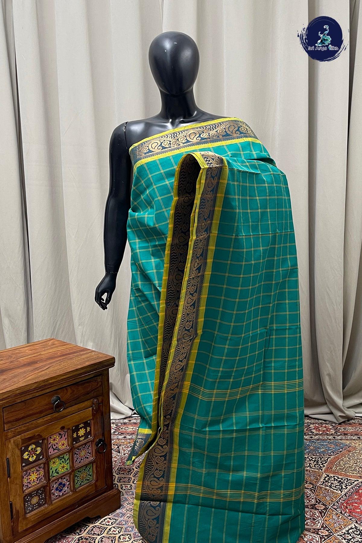 Teal Chettinad Cotton Saree With Checked Pattern