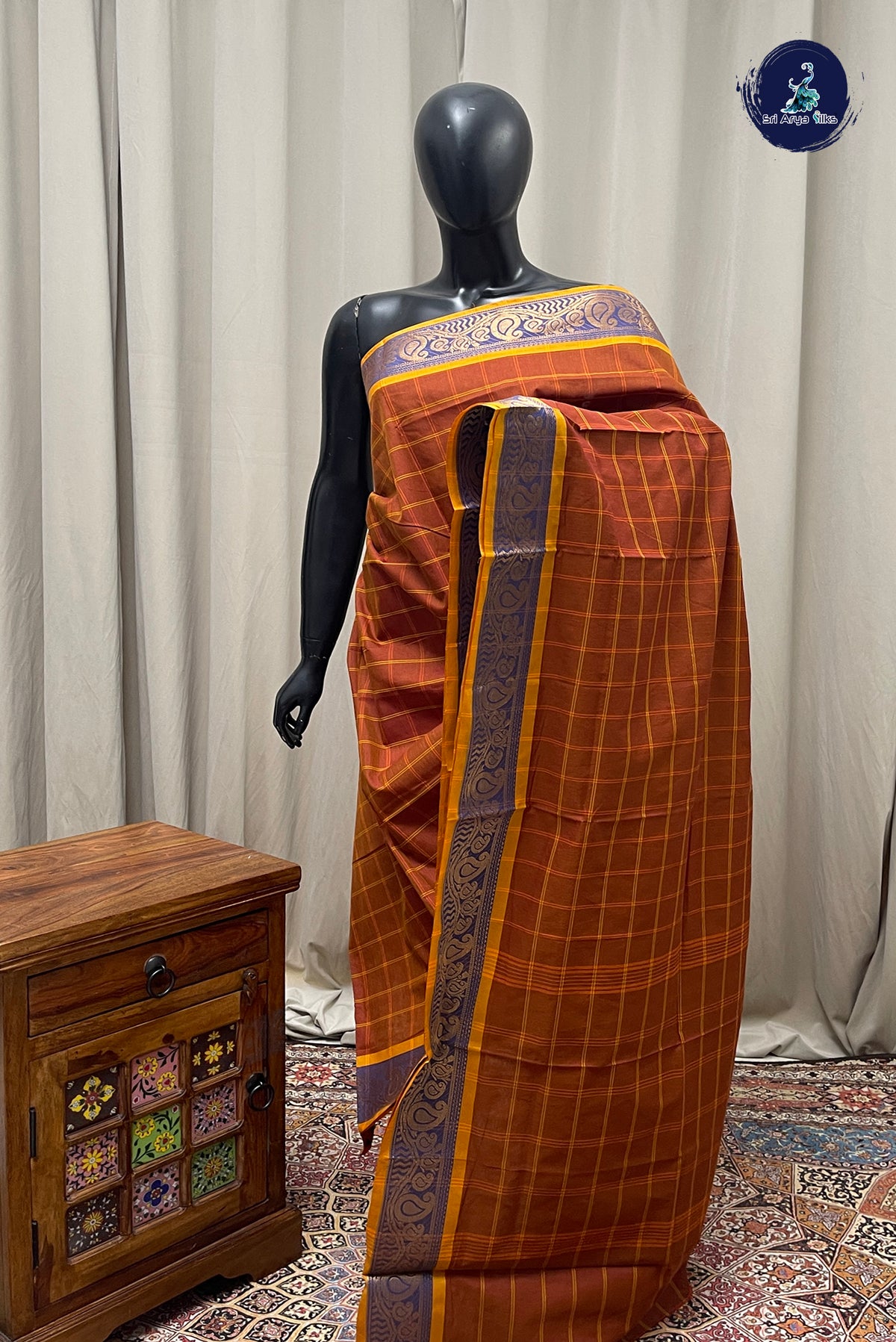 Brown Chettinad Cotton Saree With Checked Pattern
