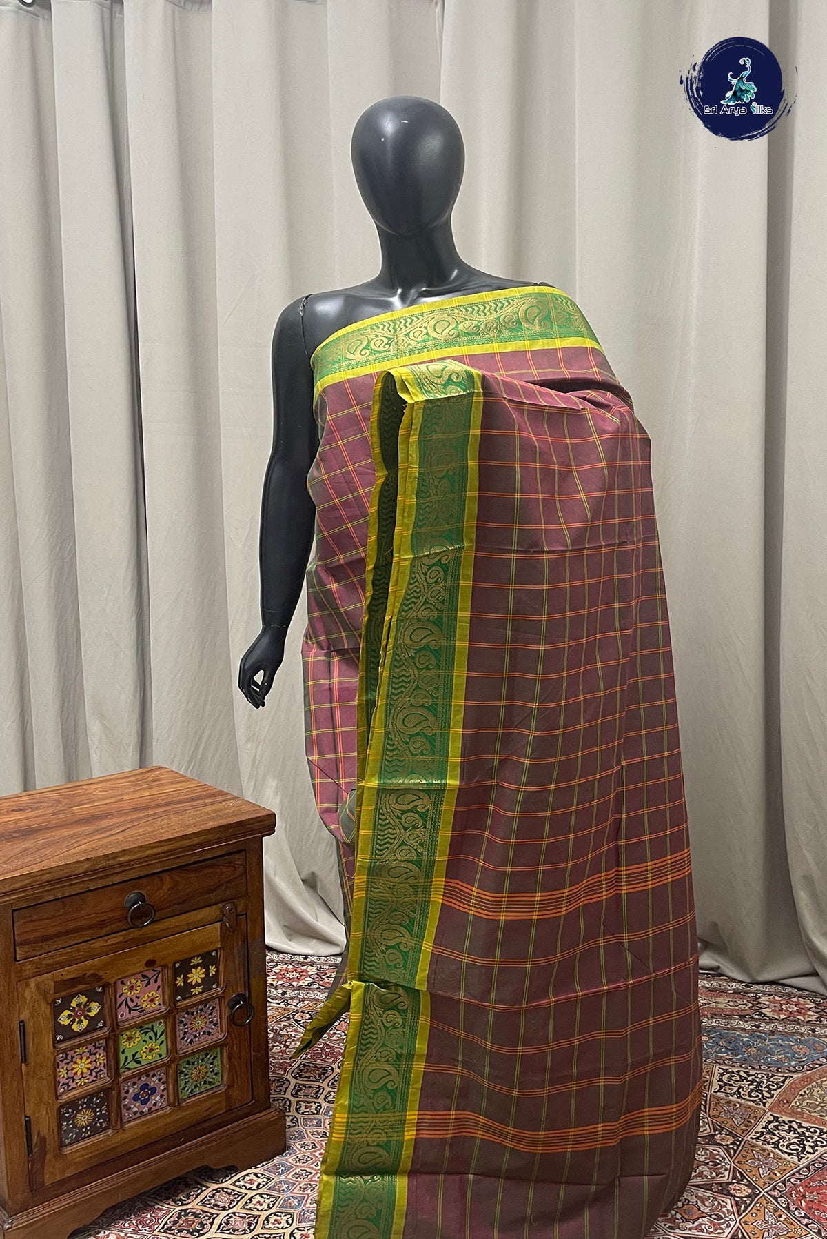 Manthulir Chettinad Cotton Saree With Checked Pattern