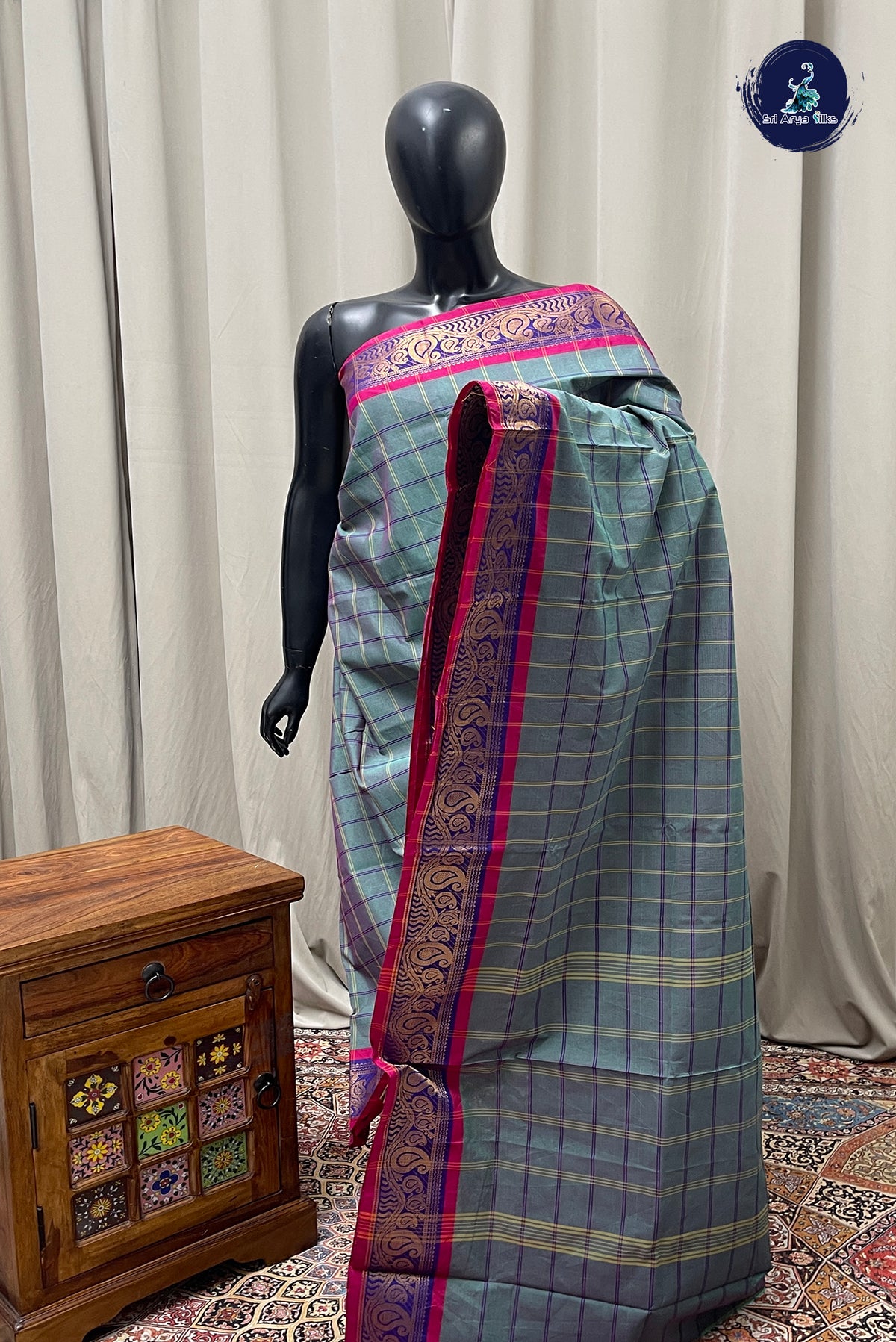 Bluish Grey Chettinad Cotton Saree With Checked Pattern