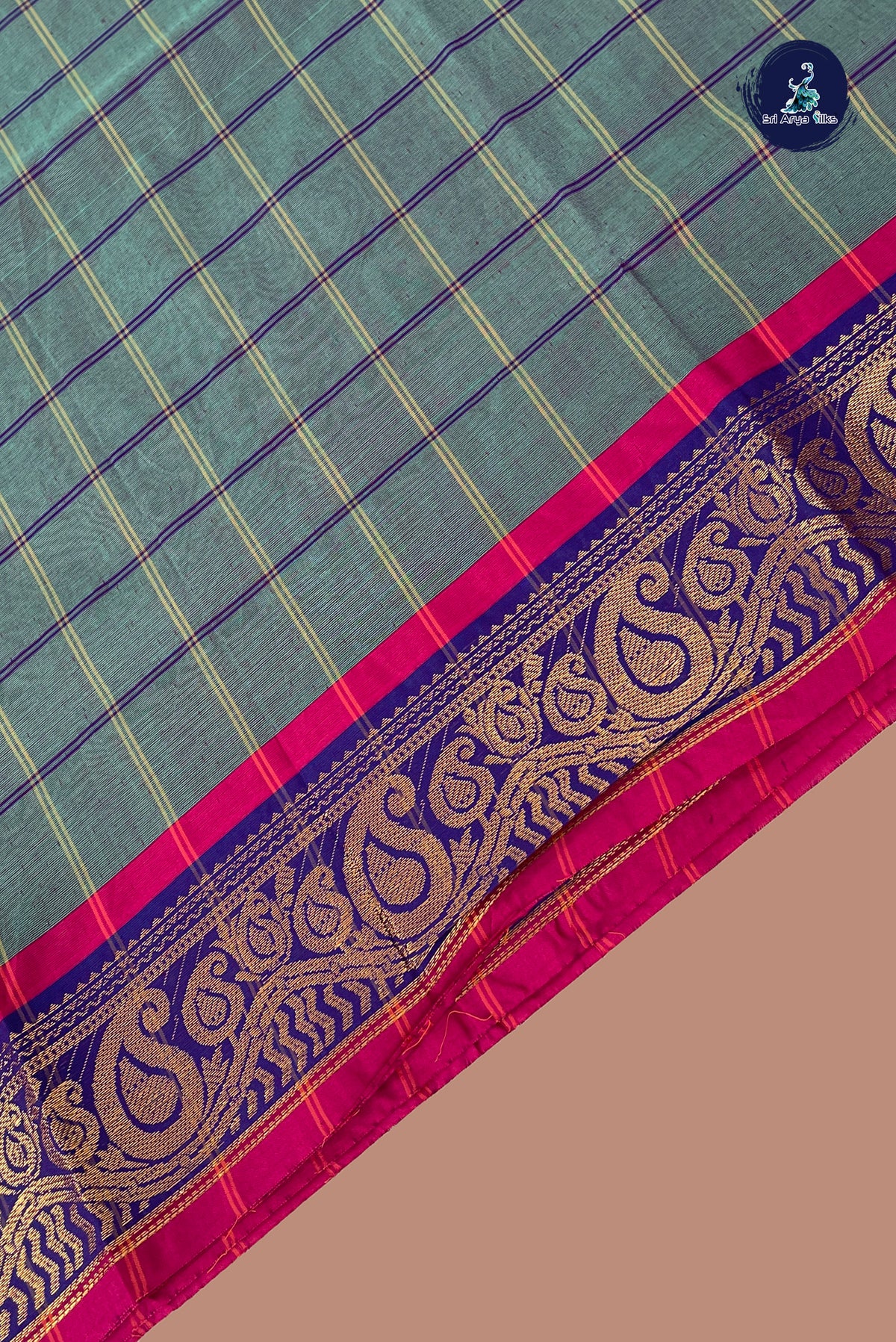 Bluish Grey Chettinad Cotton Saree With Checked Pattern