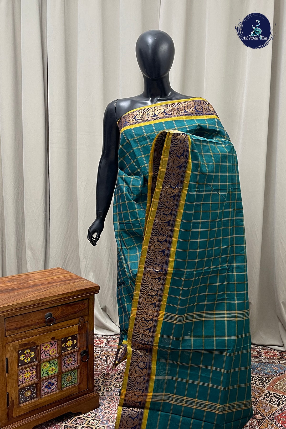 Teal Chettinad Cotton Saree With Checked Pattern