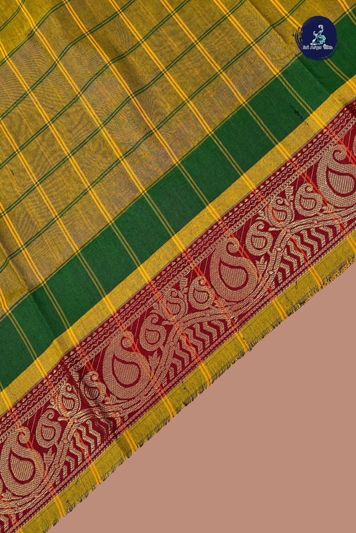 Mehendi Green Chettinad Cotton Saree With Checked Pattern