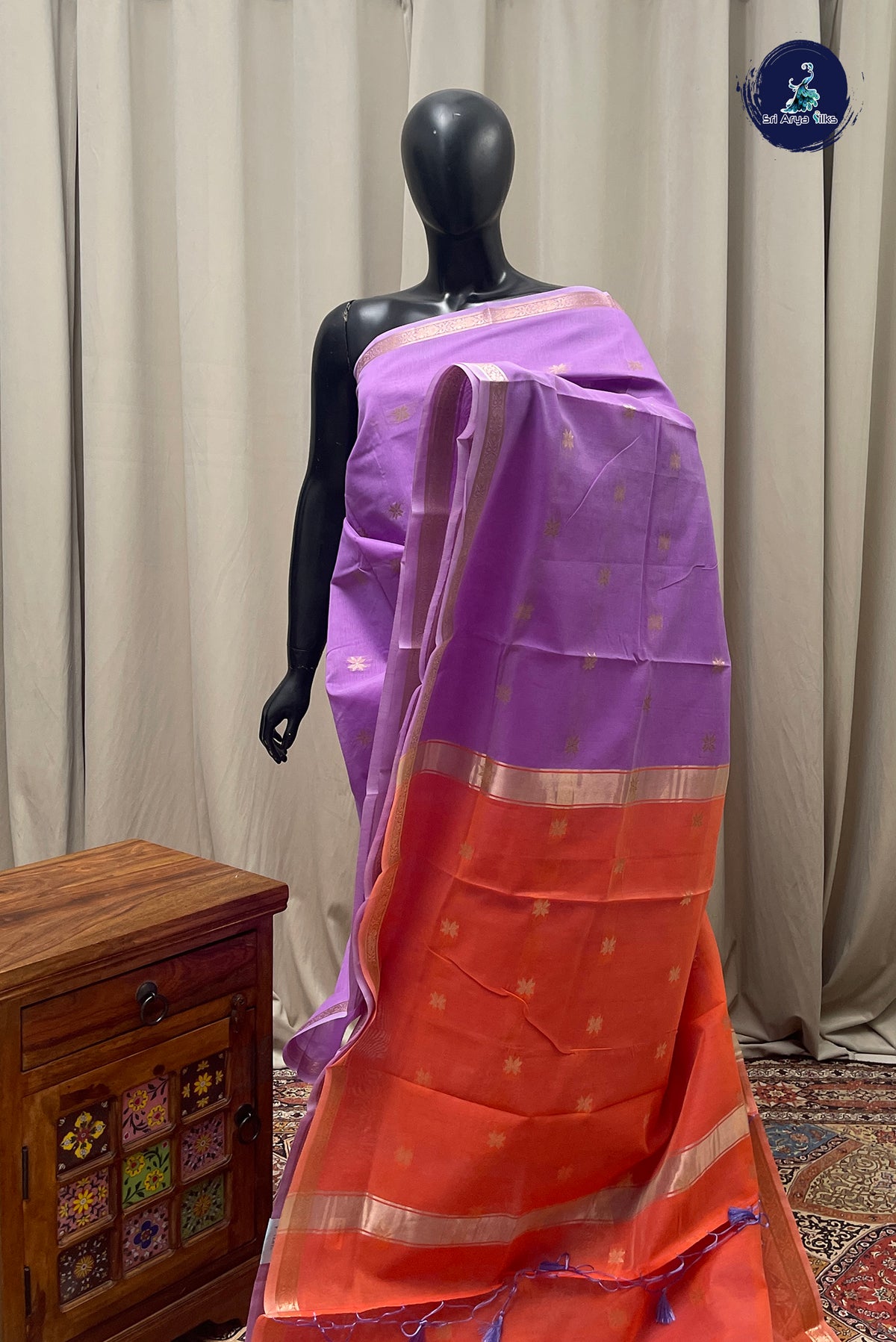 Lavender Maheswari Silk Cotton Sarees With Zari Buttas Pattern