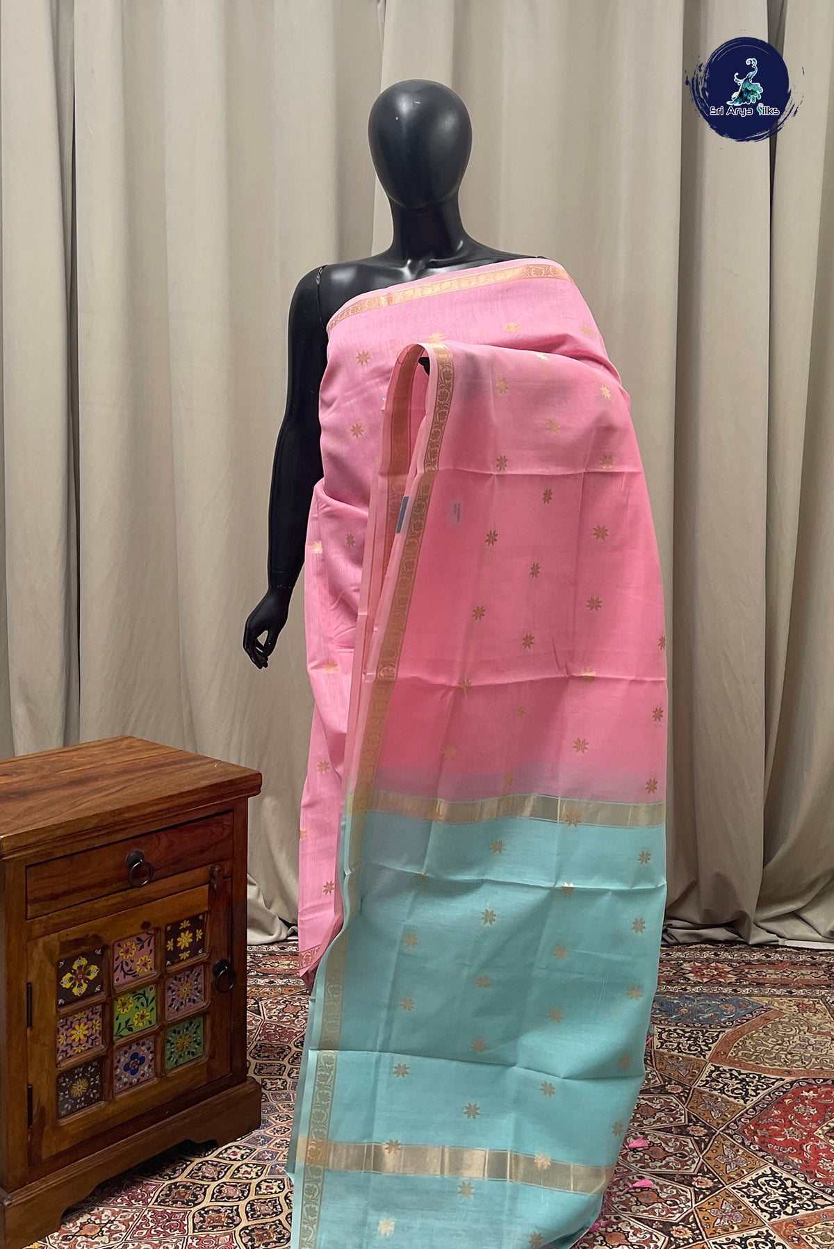 Navy Blue Maheswari Silk Cotton Sarees With Zari Buttas Pattern
