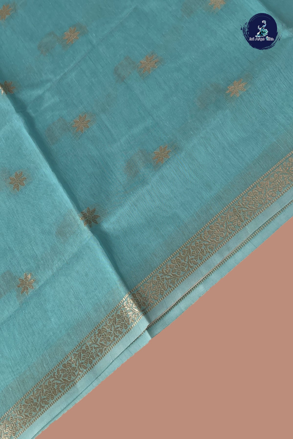 Teal Maheswari Silk Cotton Sarees With Zari Buttas Pattern