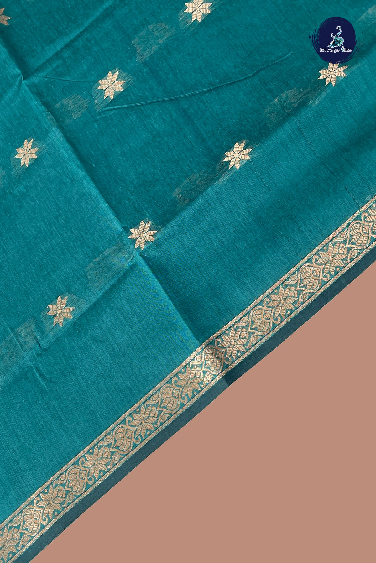 Teal Maheswari Silk Cotton Sarees With Zari Buttas Pattern