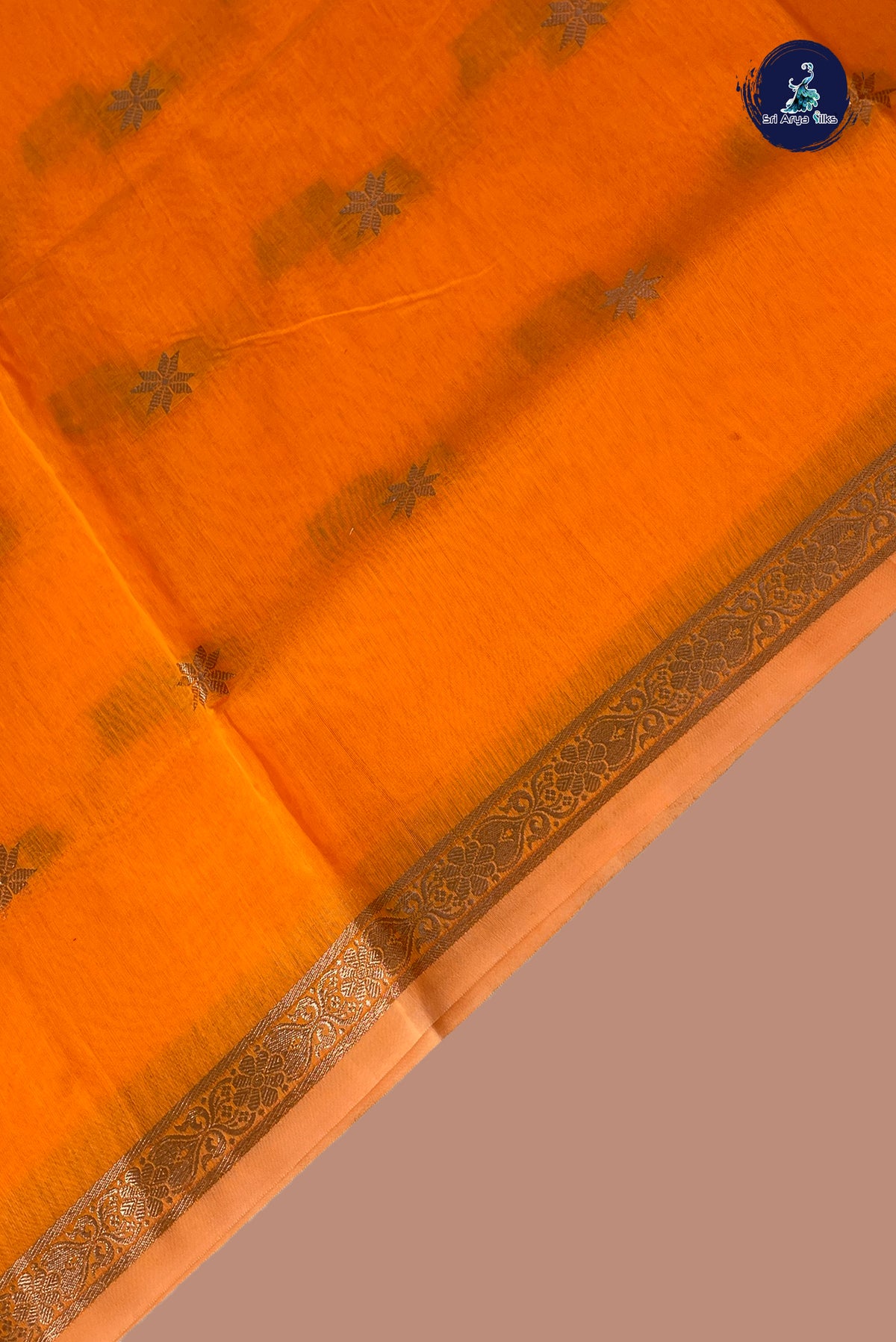 Orange Maheswari Silk Cotton Sarees With Zari Buttas Pattern