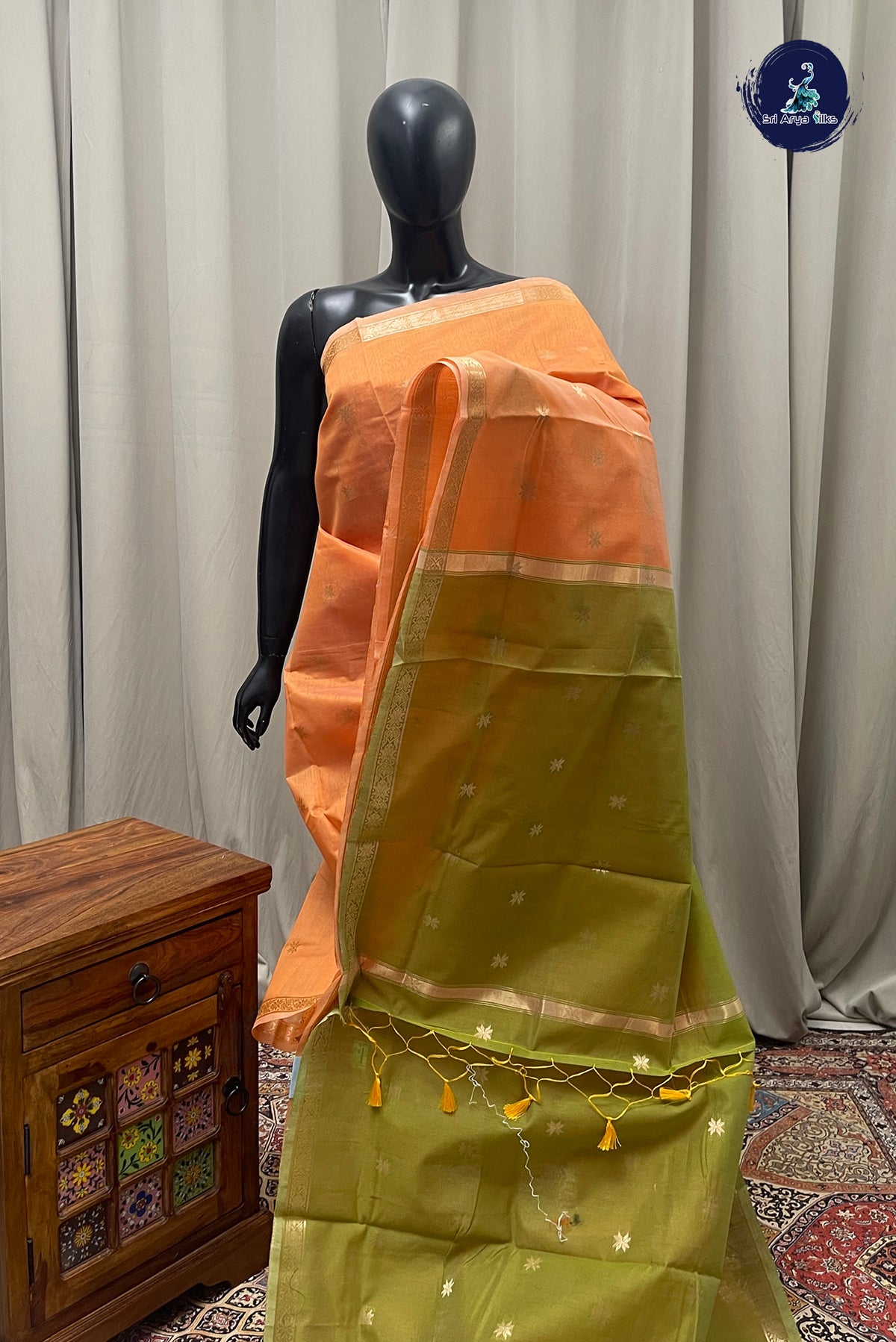 Orange Maheswari Silk Cotton Sarees With Zari Buttas Pattern