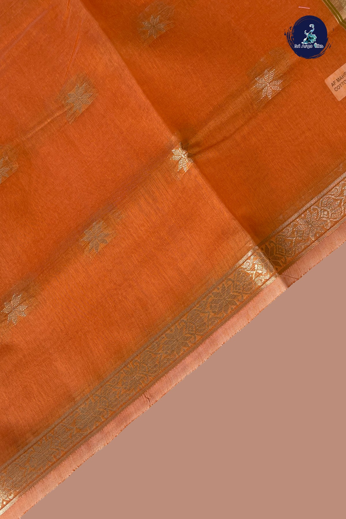 Orange Maheswari Silk Cotton Sarees With Zari Buttas Pattern