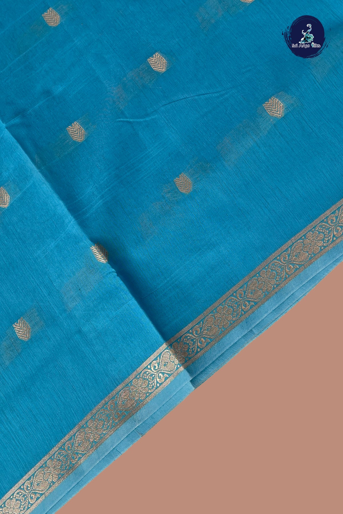 Light Blue Maheswari Silk Cotton Sarees With Zari Buttas Pattern