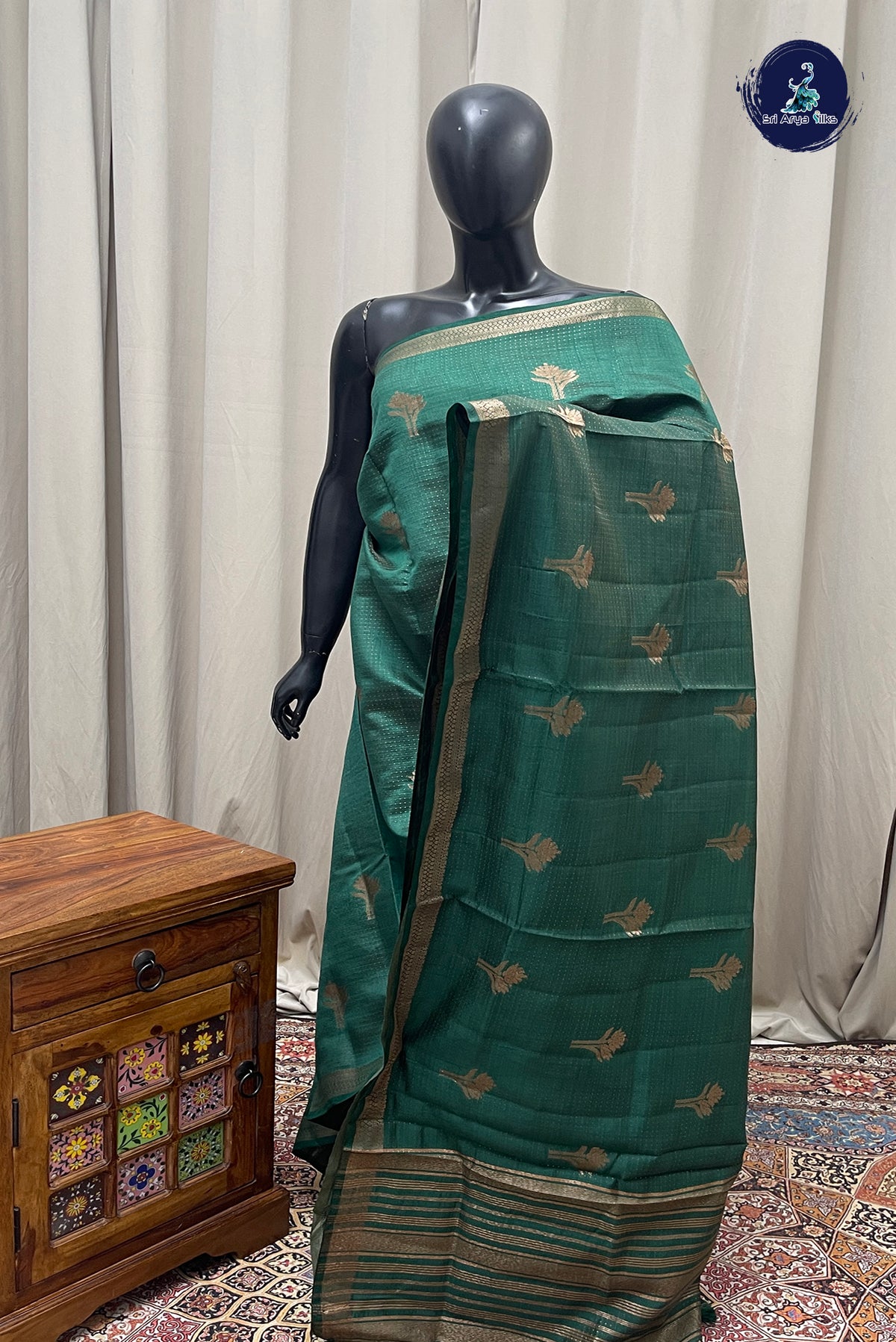 Dark Green Semi Tussar Saree With Zari Woven Pattern