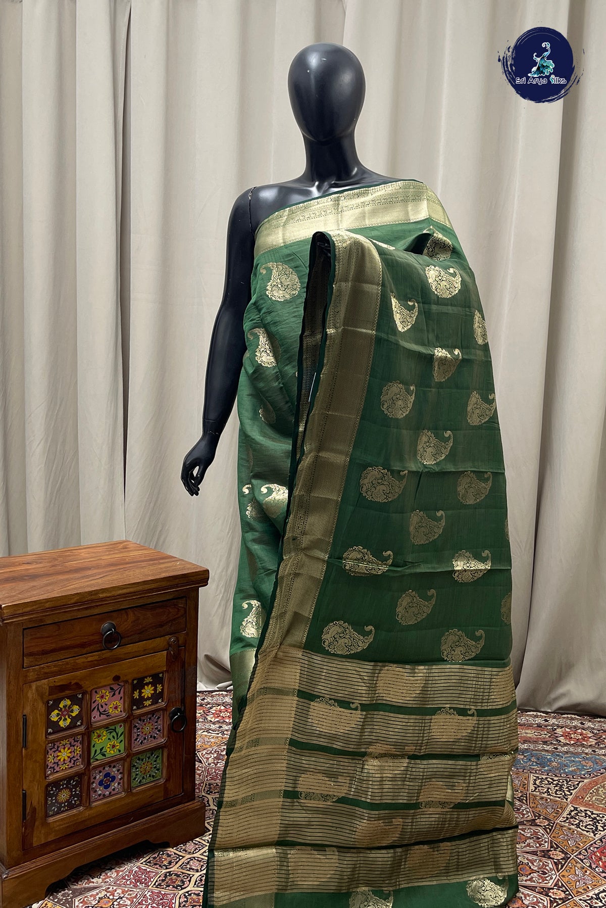 Green Semi Tussar Saree With Zari Buttas Pattern