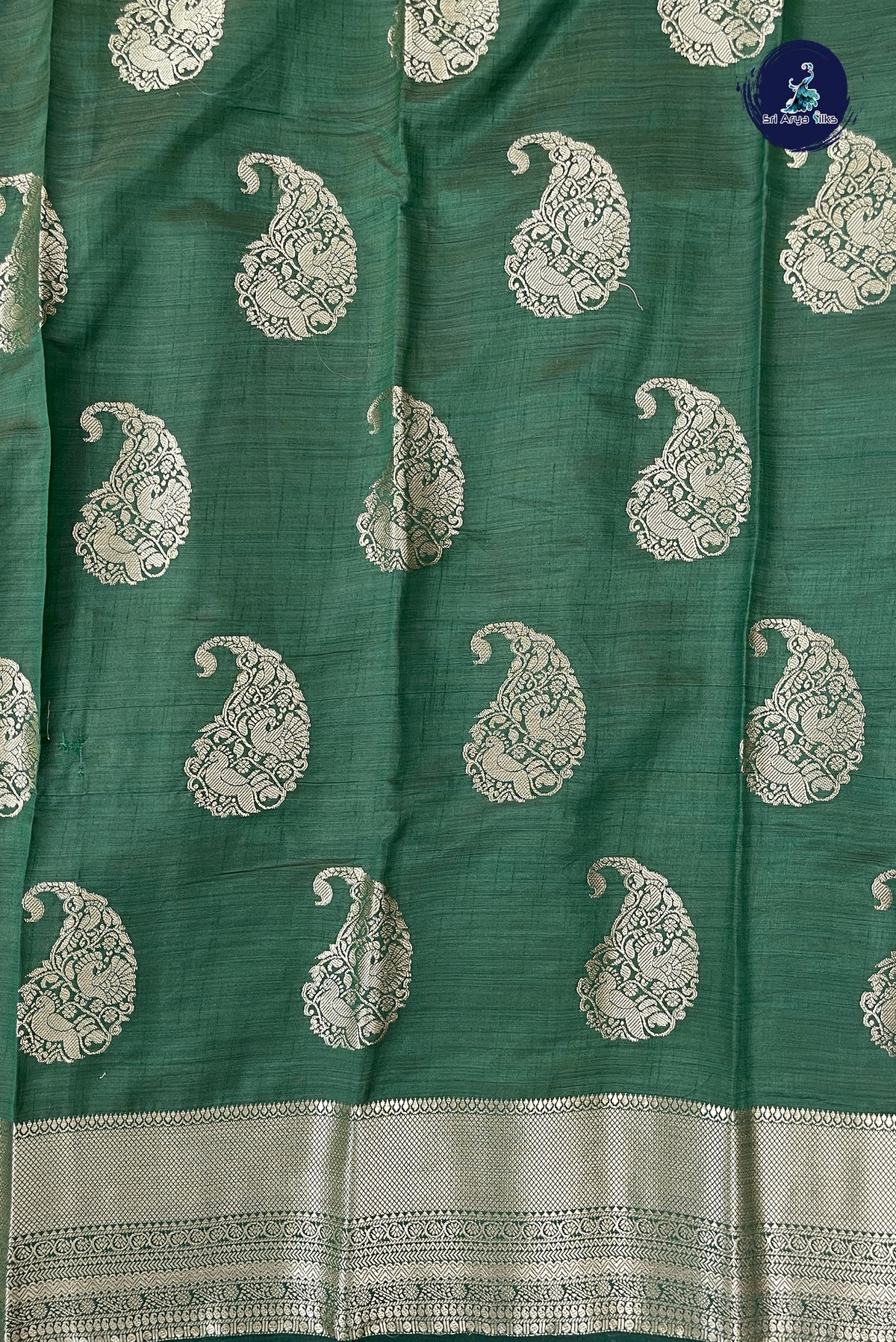 Green Semi Tussar Saree With Zari Buttas Pattern