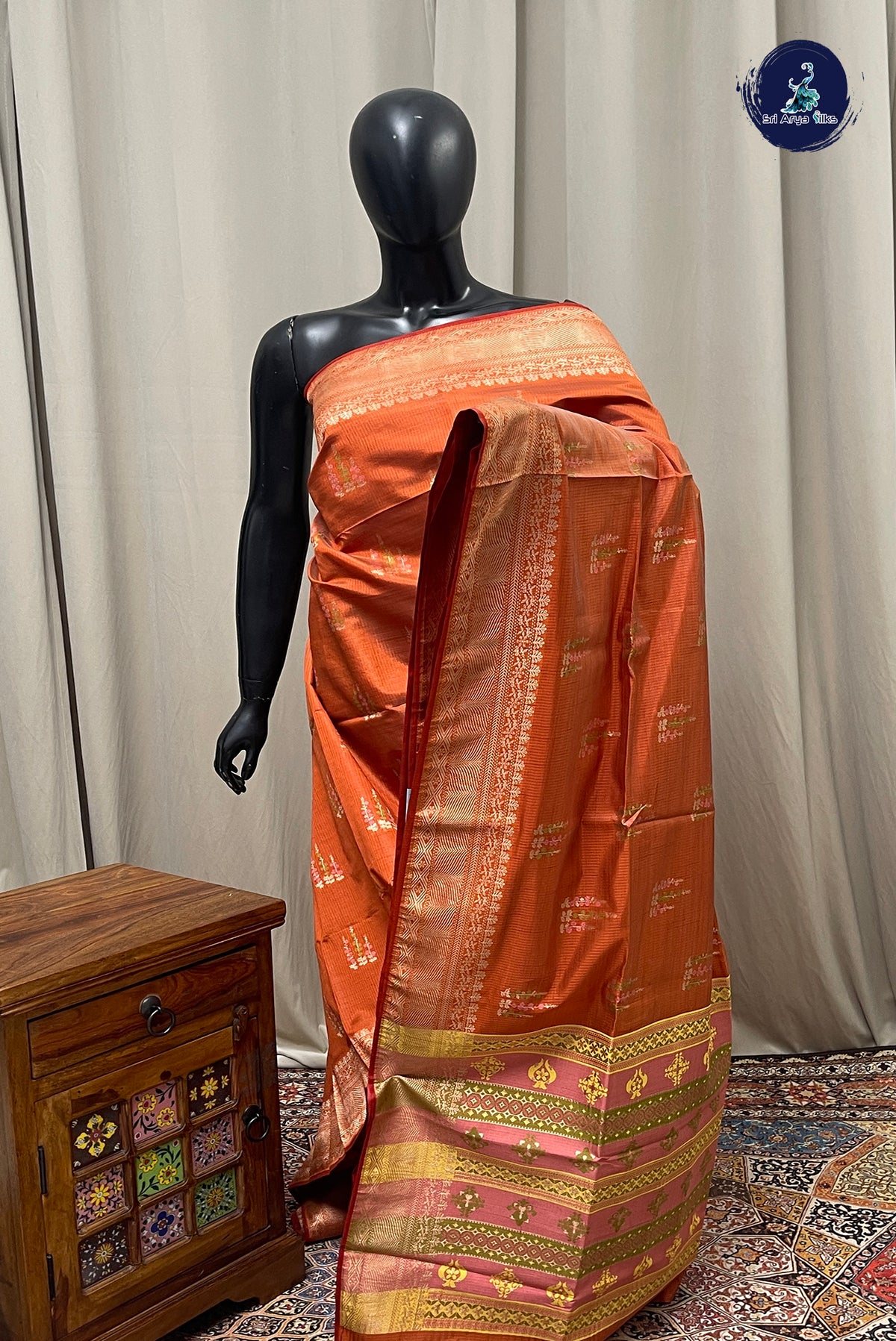Rust Semi Tussar Saree With Zari Buttas Pattern