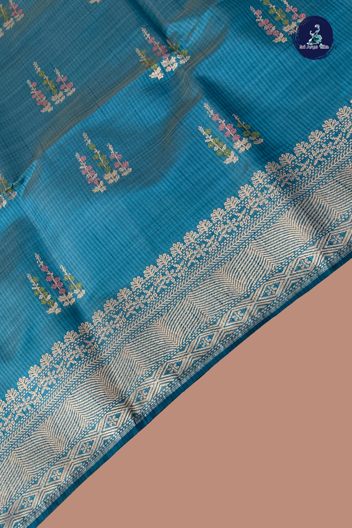 Teal Blue Semi Tussar Saree With Zari Buttas Pattern