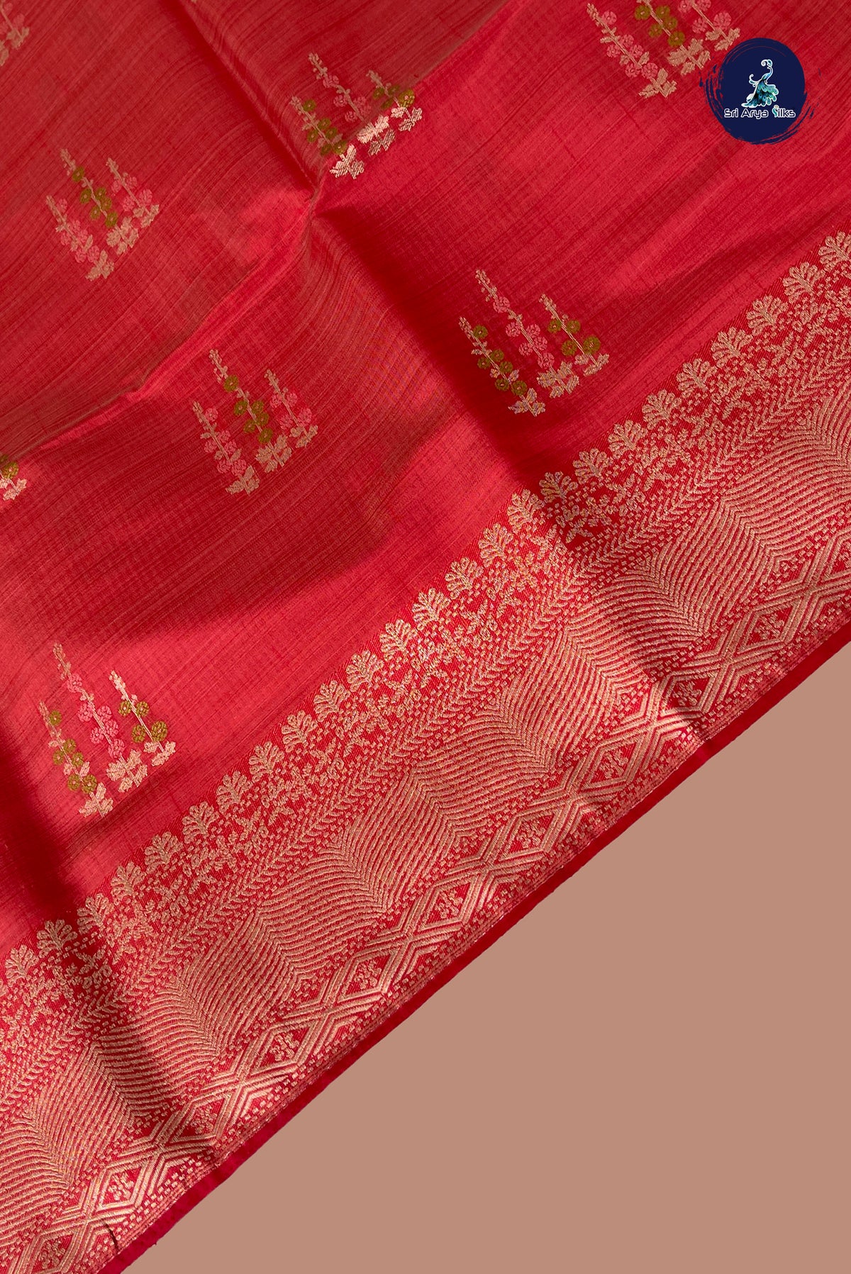 Red Semi Tussar Saree With Zari Buttas Pattern