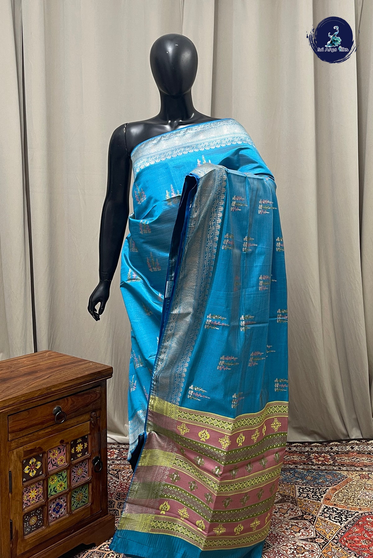 Blue Semi Tussar Saree With Zari Buttas Pattern