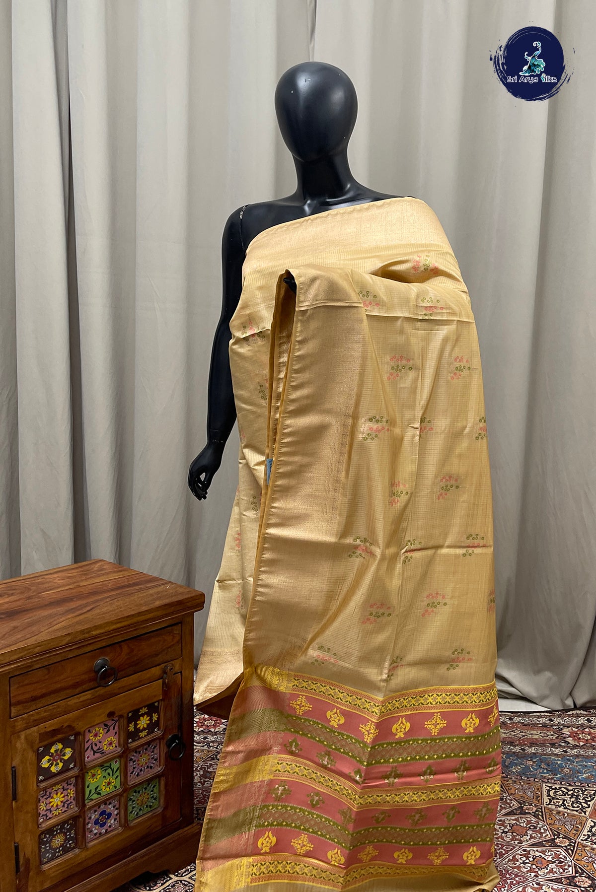 Cream Semi Tussar Saree With Zari Buttas Pattern