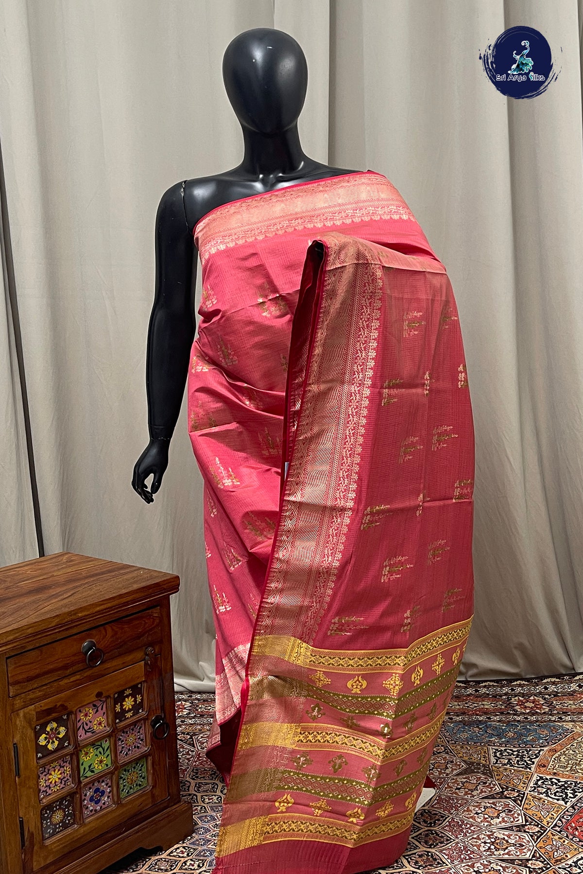 Pink Semi Tussar Saree With Zari Buttas Pattern