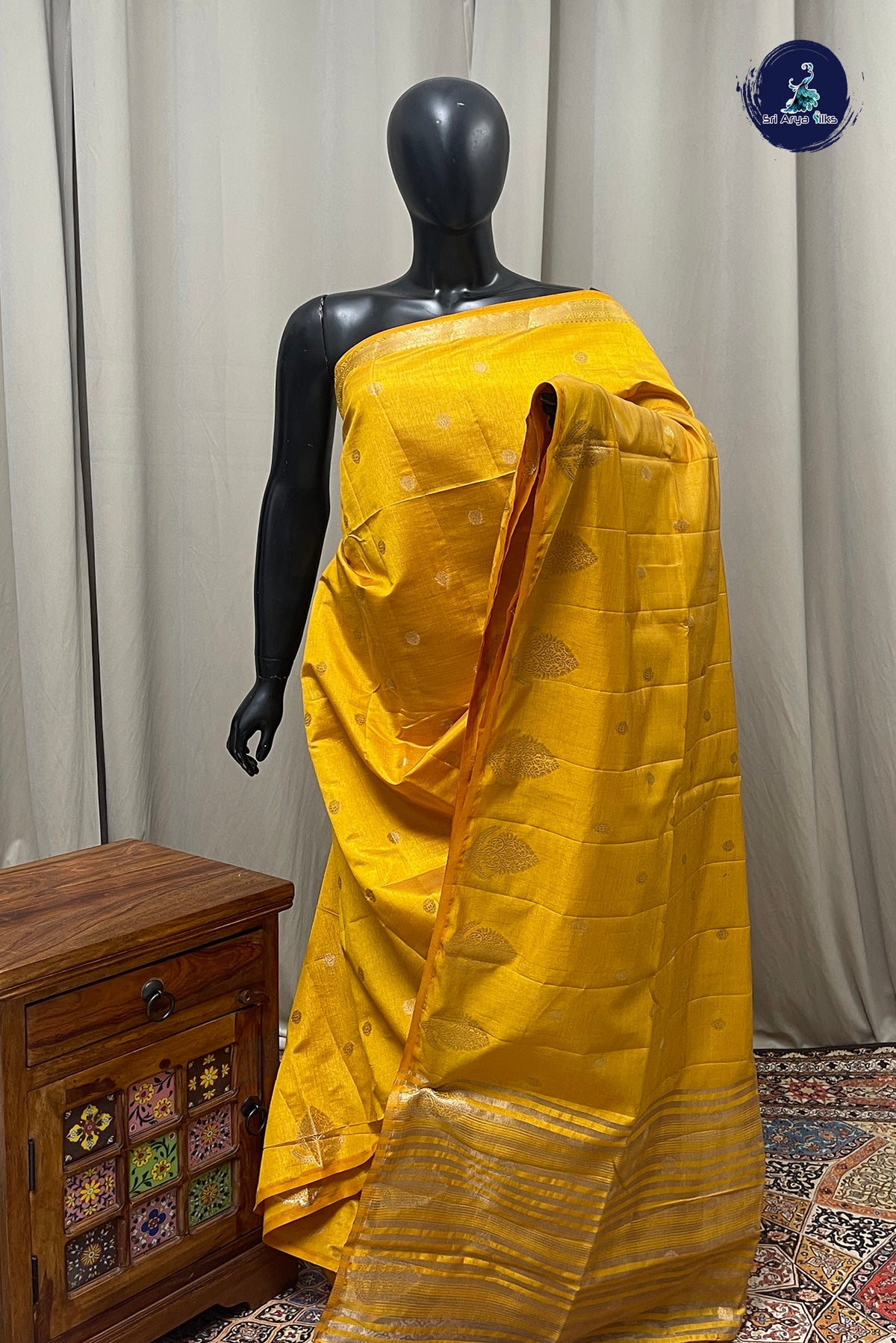 Mustard Yellow Semi Tussar Saree With Zari Buttas Pattern