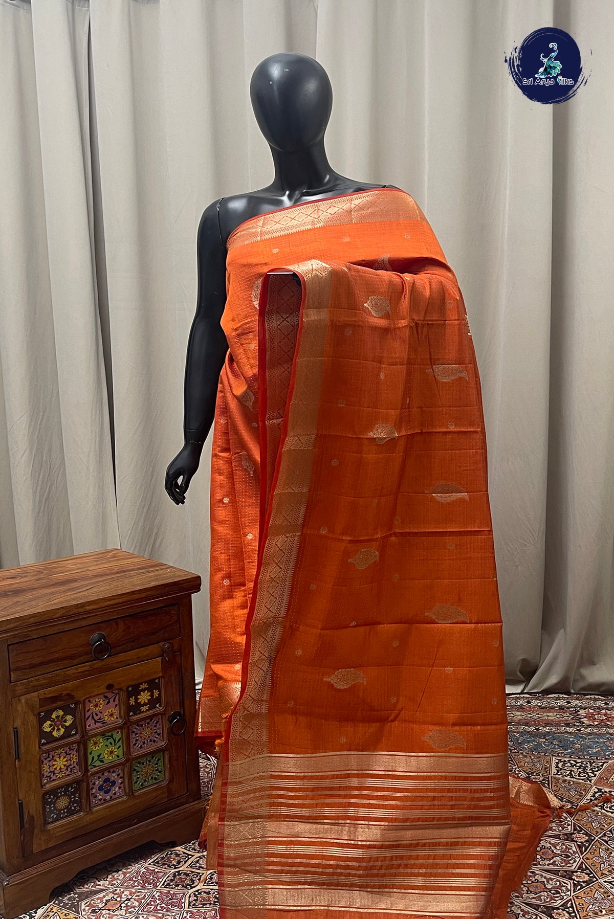 Orange Semi Tussar Saree With Zari Buttas Pattern