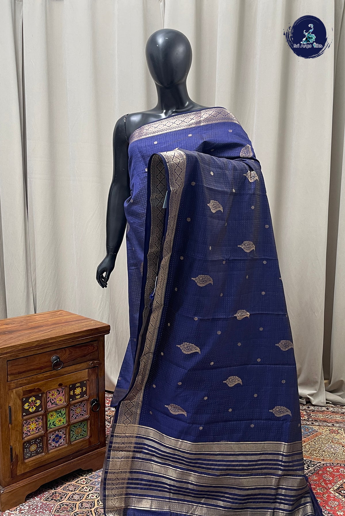 Dark Blue Semi Tussar Saree With Zari Buttas Pattern