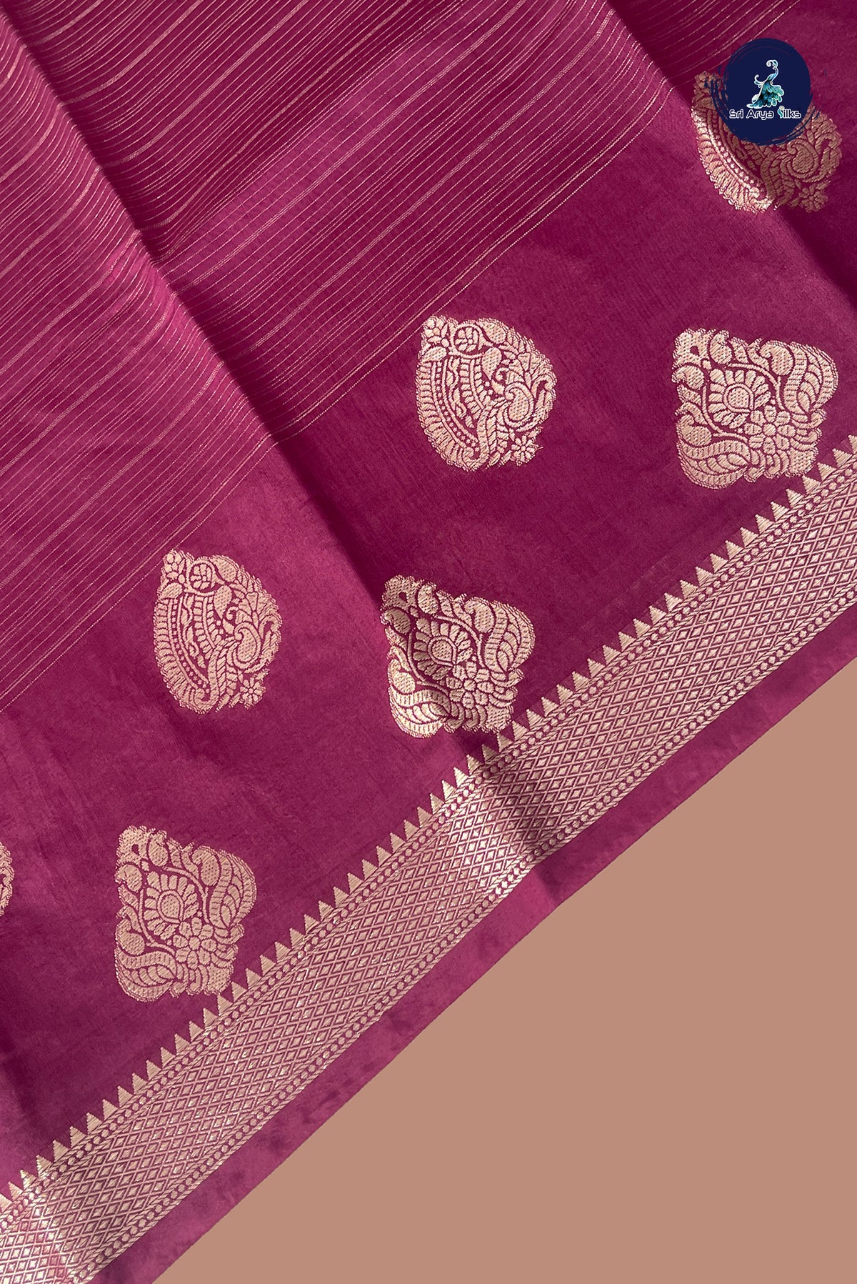 Dark Plum Semi Banarasi Saree With Stripes Pattern