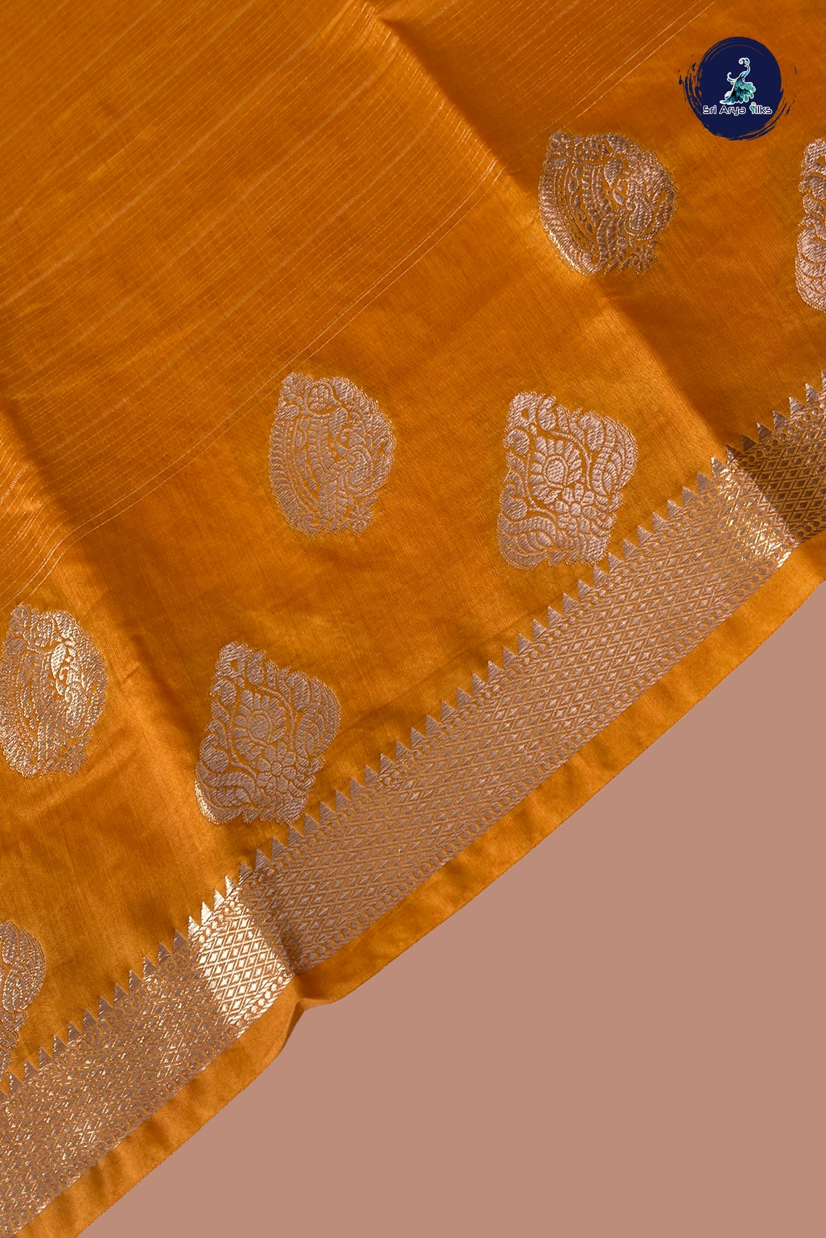 Lite Mustard Orange Semi Banarasi Saree With Stripes Pattern